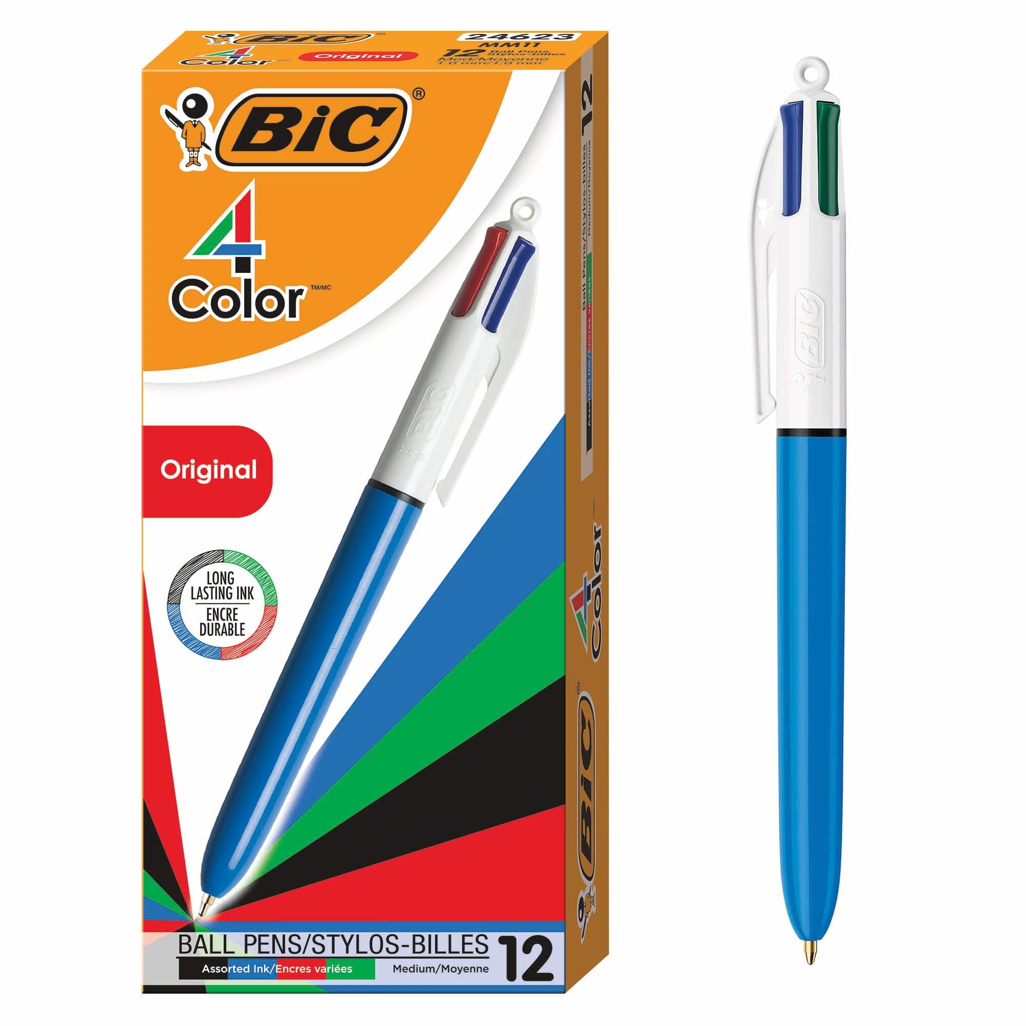 BIC 4-Color Original Retractable Ball Pens, Medium Point (1.0mm), 12-Count Pack, Retractable Ball Pen With Long-Lasting Ink