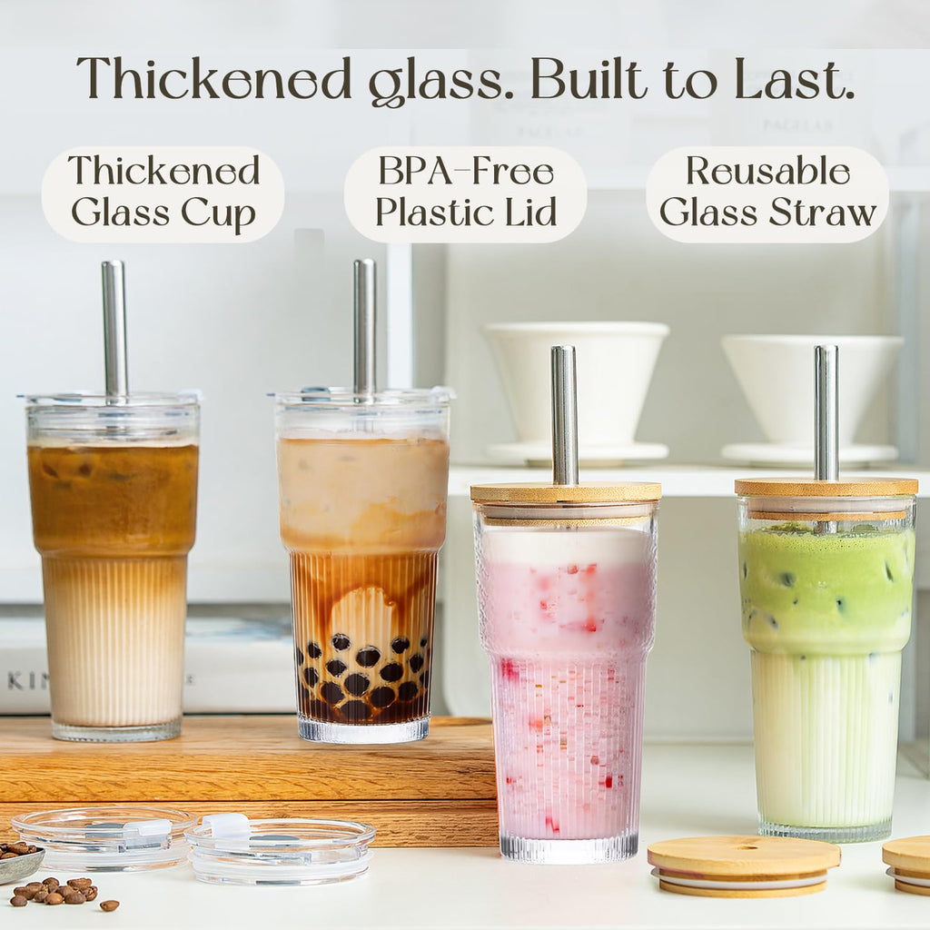 KEMORELA 20oz Ribbed Glass Tumblers with Bamboo & 2 in 1 Leak-Proof Lids, Extra-Wide 13mm Reusable Stainless Steel Straws, 2Pcs Vintage Drinking Glasses for Boba, Iced Coffee, Smoothies,Travel Cups