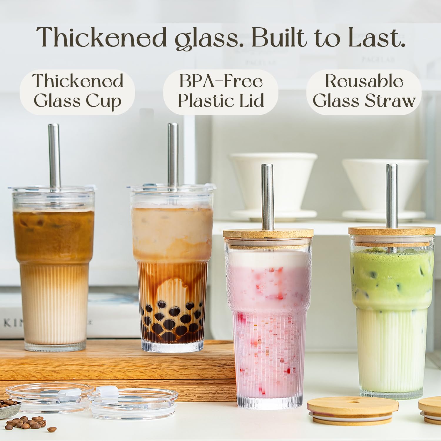 KEMORELA 20oz Ribbed Glass Tumblers with Bamboo & 2 in 1 Leak-Proof Lids, Extra-Wide 13mm Reusable Stainless Steel Straws, 2Pcs Vintage Drinking Glasses for Boba, Iced Coffee, Smoothies,Travel Cups