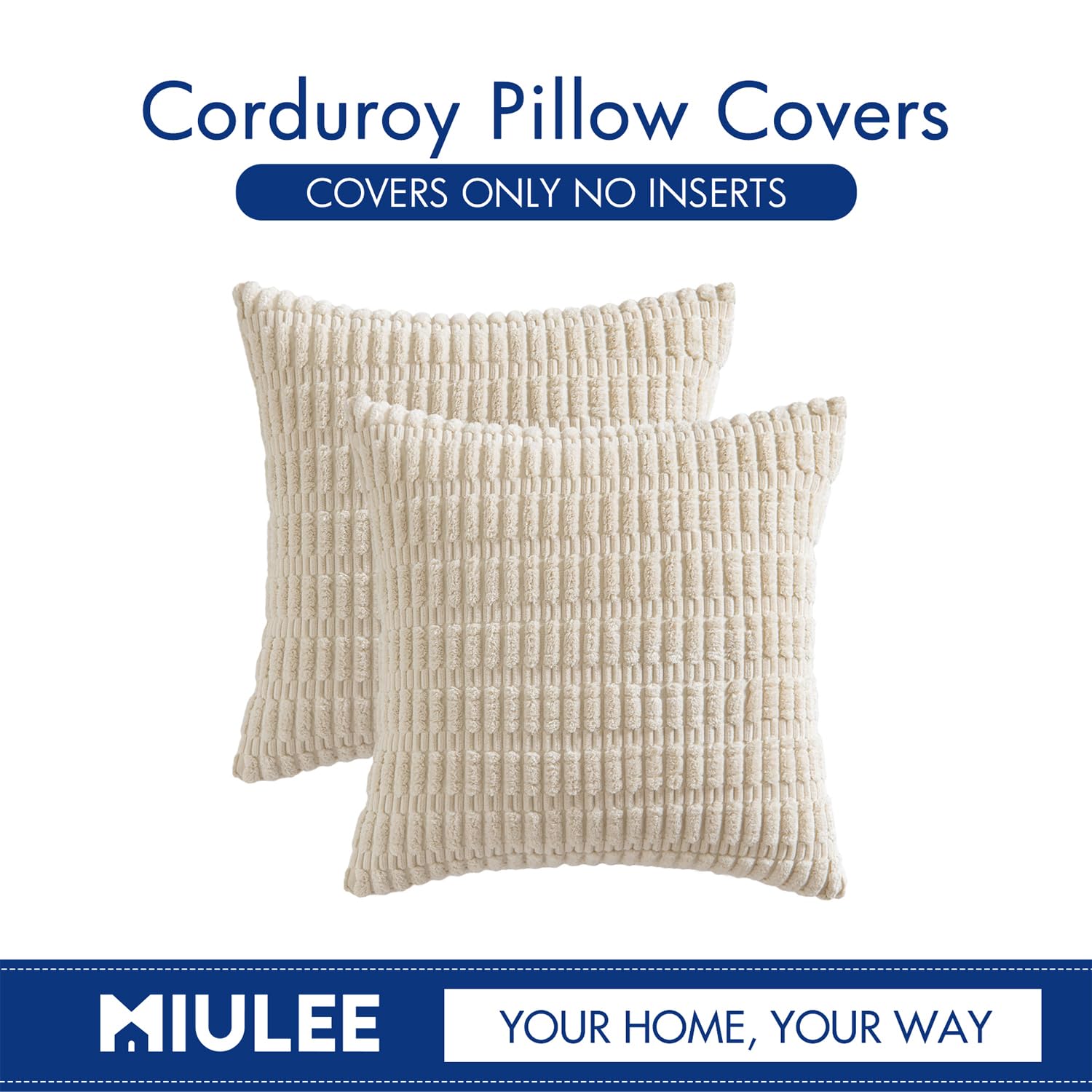 MIULEE Pack of 2 Corduroy Throw Pillow Covers Soft Decorative Boho Striped Cushion Covers Farmhouse Home Decor Pillowcase for Spring Sofa Living Room Couch Bed 18x18 Inch Cream White