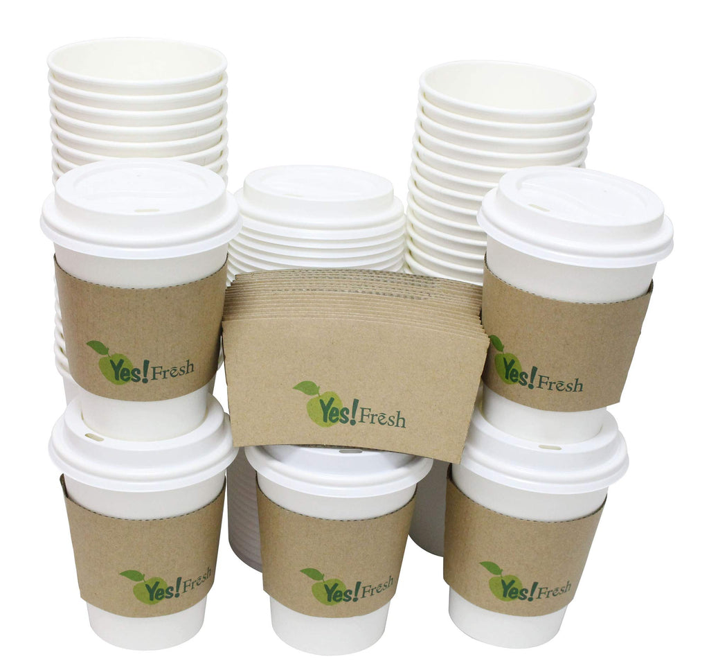 Durable White Paper Hot Coffee Cups with Cappuccino Lids and Protective Corrugated Cup Sleeves, Qty of 50 (White 12oz)