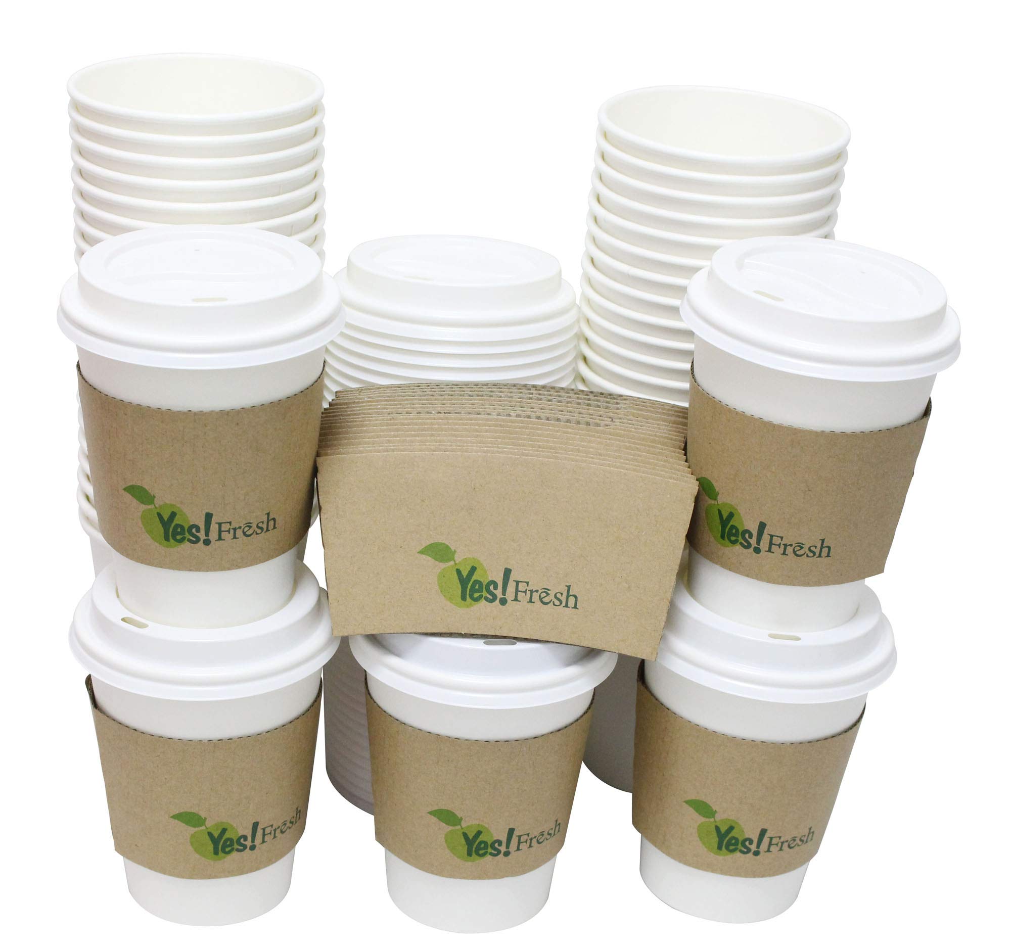 Durable White Paper Hot Coffee Cups with Cappuccino Lids and Protective Corrugated Cup Sleeves, Qty of 50 (White 12oz)
