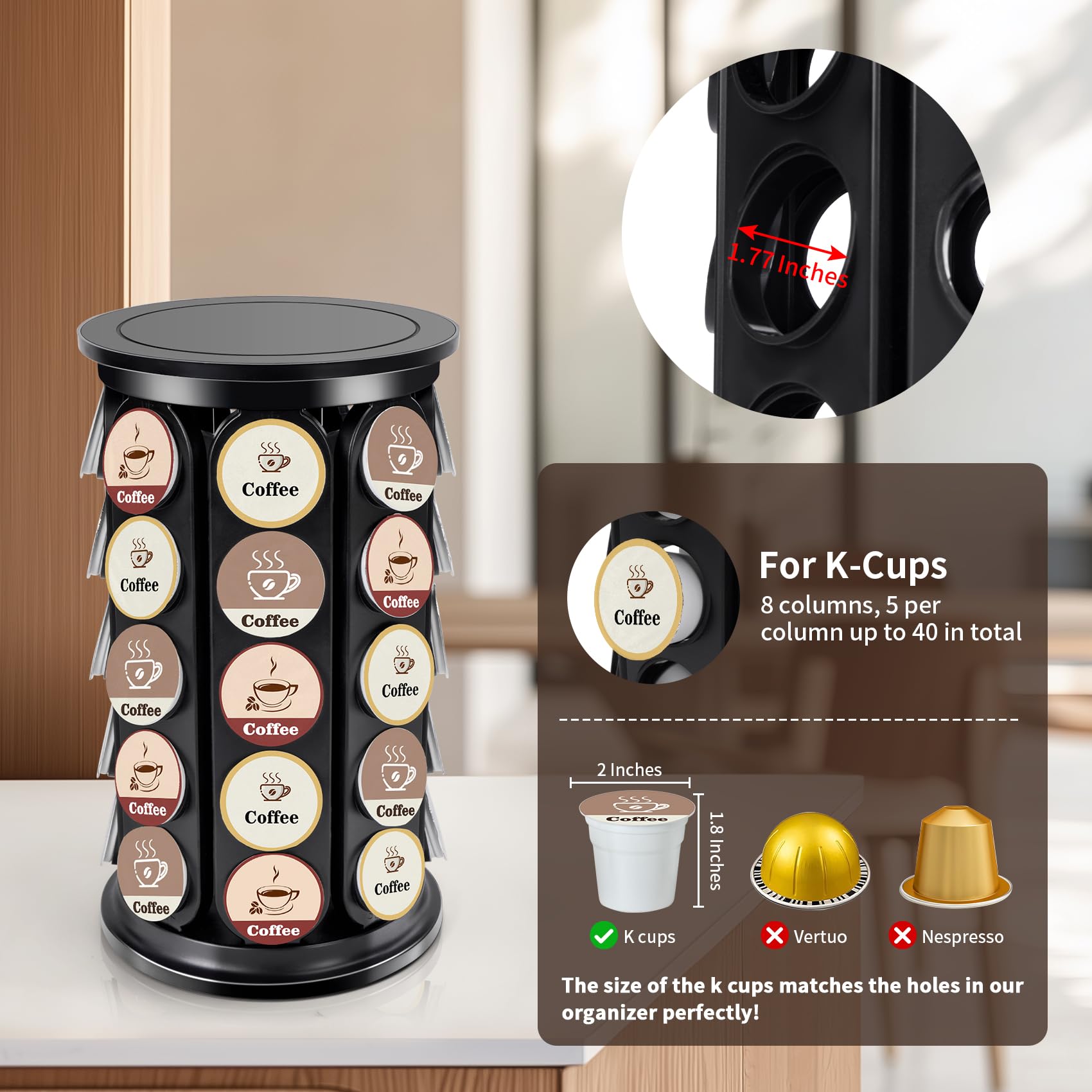 SAVORLIVING Coffee Pod Carousel Compatible with K-Cup Pods, K Cup Holder Holds 40 Coffee Capsule, New Modern Design for Kitchen Office Countertop or Coffees Station Organizer, Detachable (Black)