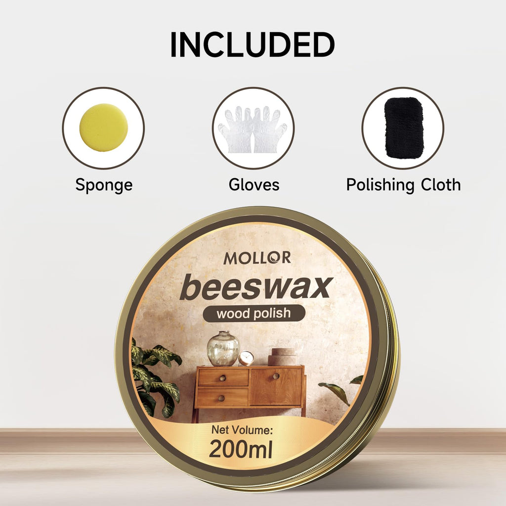 MOLLOR Beeswax Furniture Polish, Cabinet and Table Restorer, Natural Wood Conditioner, Multipurpose Beeswax for Wooden Tools, Protects for a Perfect Finish Bees Wax Polish (1 x 200g with 1 Sponge)