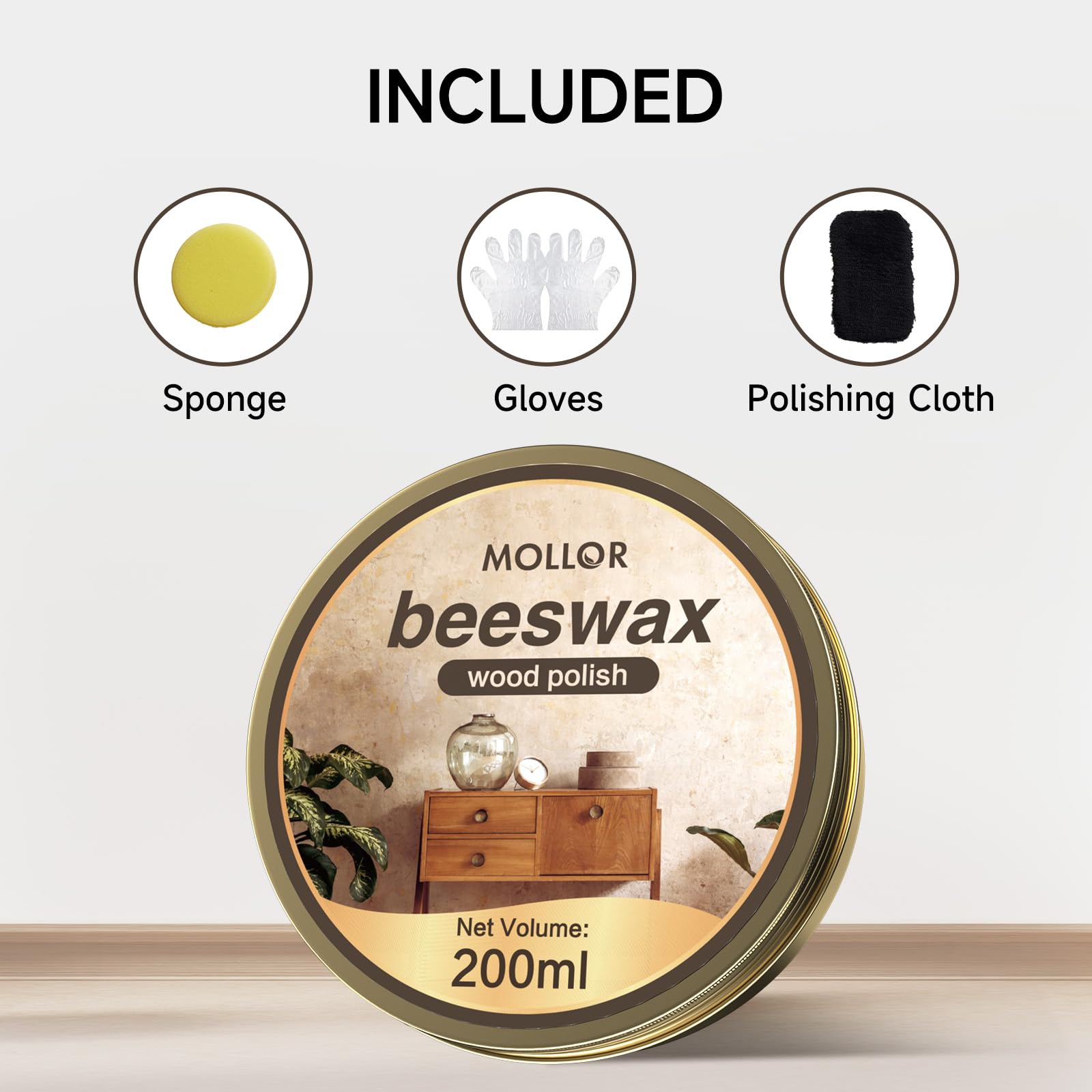 MOLLOR Beeswax Furniture Polish, Cabinet and Table Restorer, Natural Wood Conditioner, Multipurpose Beeswax for Wooden Tools, Protects for a Perfect Finish Bees Wax Polish (1 x 200g with 1 Sponge)