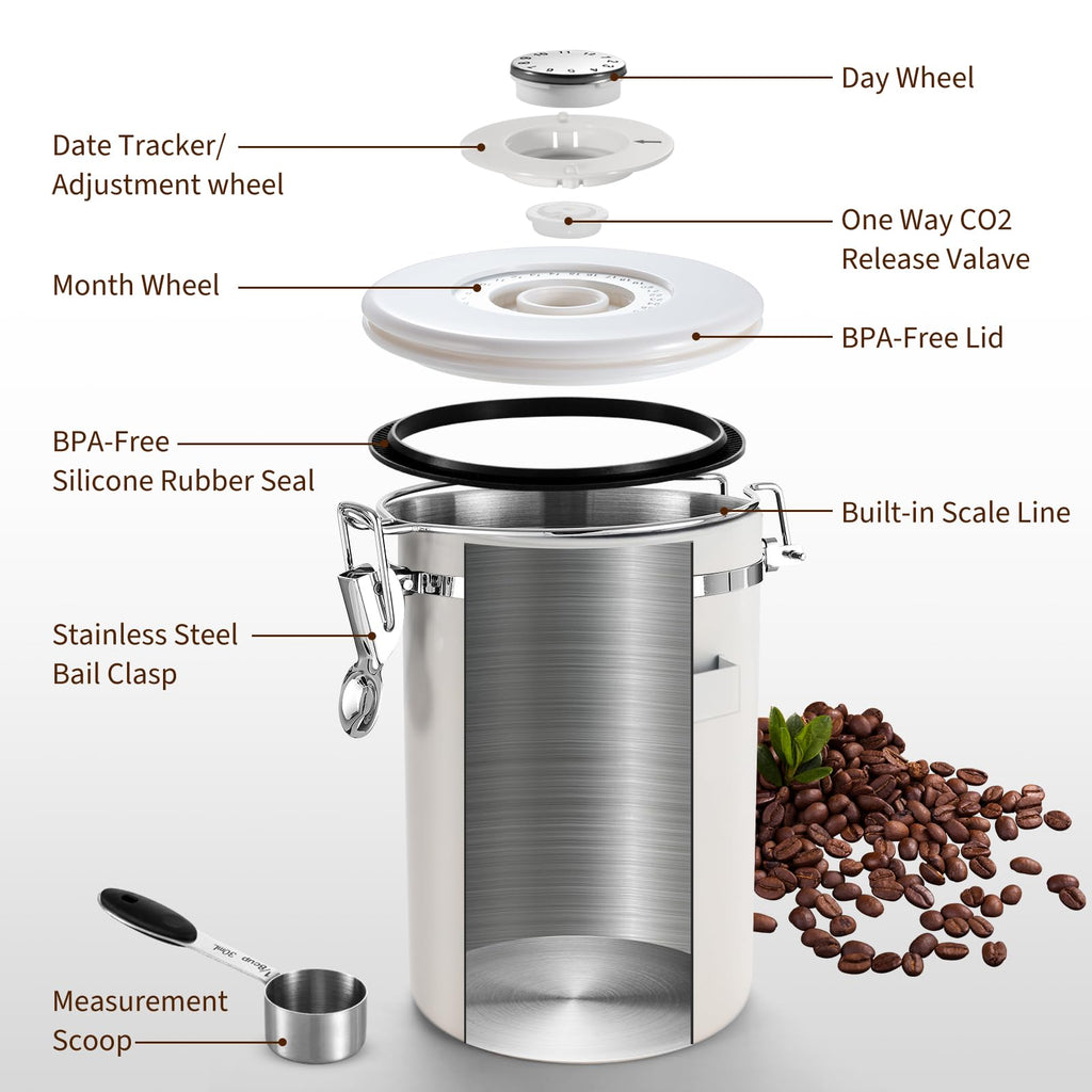 Olyzer Stainless Steel Coffee Canister 22 oz, Airtight Coffee Storage Container with Scoop, Date Tracker & CO2 Releasing Valves, for Grounds and Beans, White