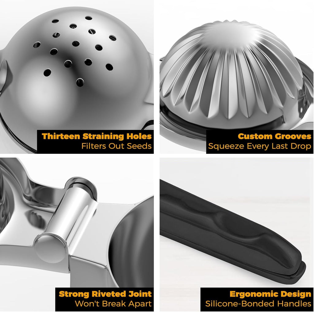 Oillase Stainless Steel Lemon Squeezer - Metal Citrus Juicer - Lime Lemon and Fruit Juicer with Silicone Handles - Large Manual Citrus Press Juicer - Hand Held Squeezer - Ergonomic Design with Solid