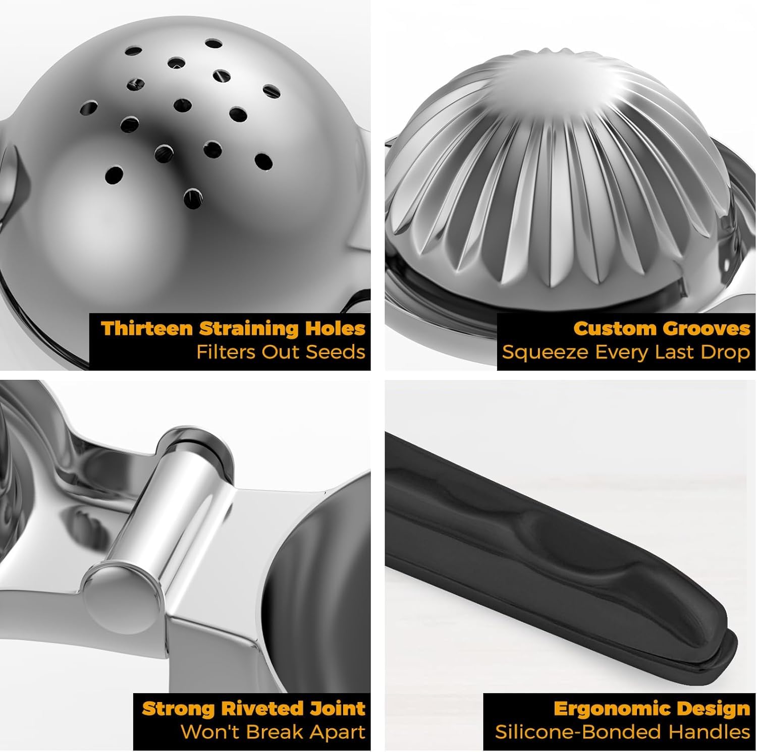 Oillase Stainless Steel Lemon Squeezer - Metal Citrus Juicer - Lime Lemon and Fruit Juicer with Silicone Handles - Large Manual Citrus Press Juicer - Hand Held Squeezer - Ergonomic Design with Solid