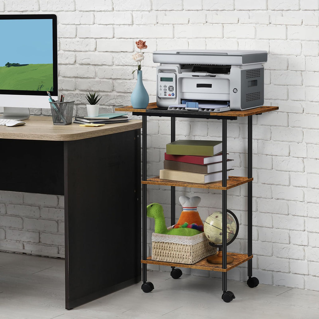 Shinoske Printer Stand with Storage,3 Tier Large Printer Table with Wheels for Home Office,Rolling Cart with Storage Shelf,for 3D Printer,Scanner Fax,Shredder,Rustic Brown