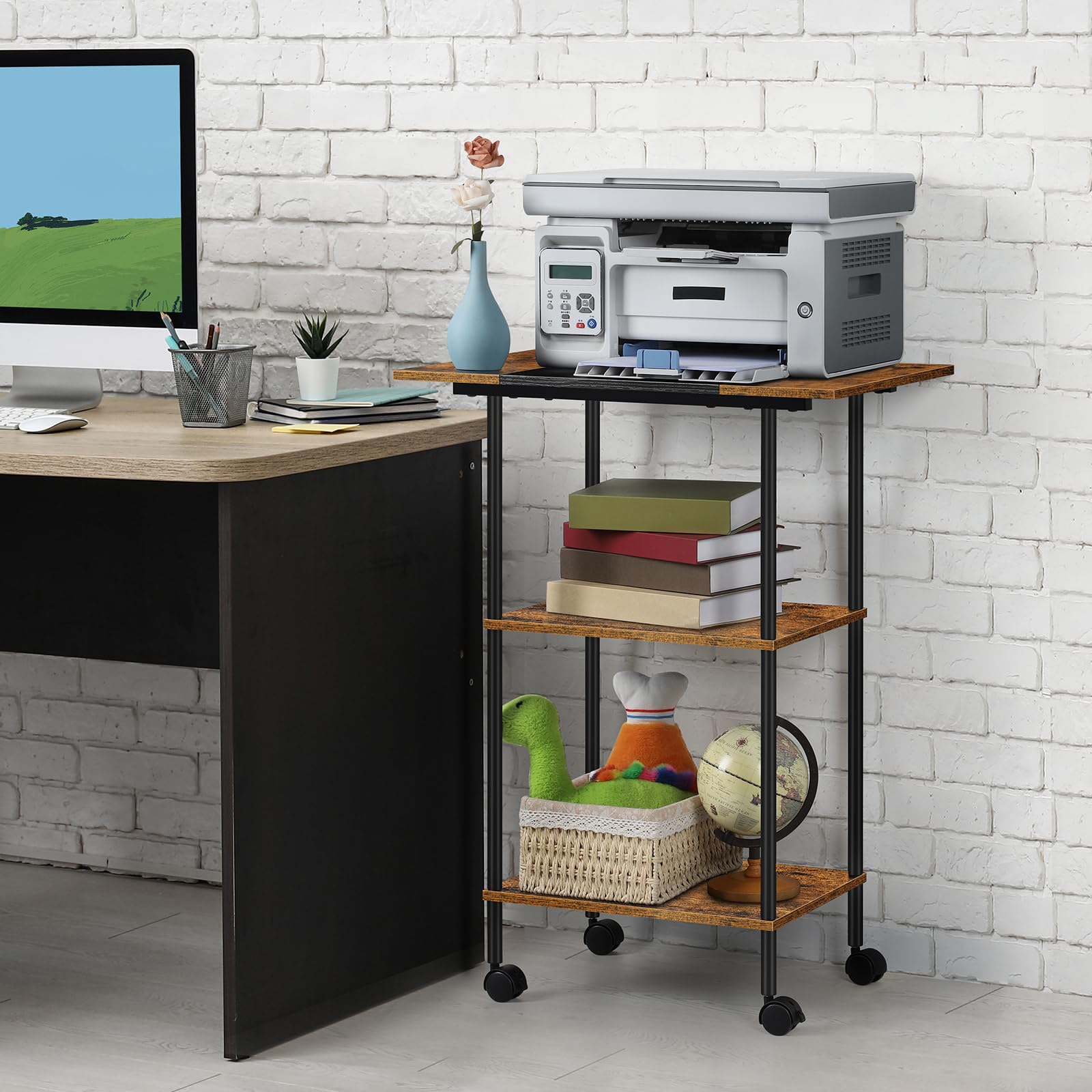 Shinoske Printer Stand with Storage,3 Tier Large Printer Table with Wheels for Home Office,Rolling Cart with Storage Shelf,for 3D Printer,Scanner Fax,Shredder,Rustic Brown