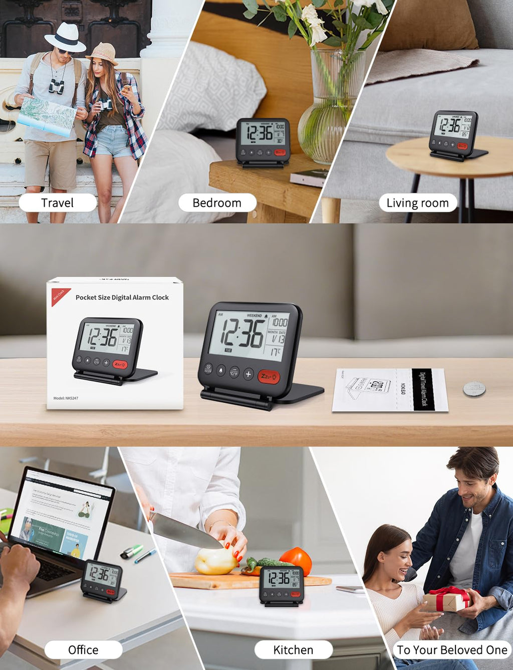 NOKLEAD Digital Travel Alarm Clock - 3.23 inch LCD Display, Temperature, 9-Minute Snooze, 10s Backlight, Battery Included (Black)