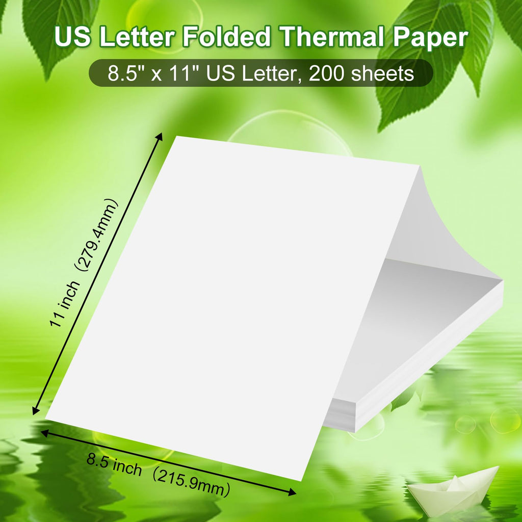 Thermal Printer Paper 8.5 x 11 Inch, Quick-Dry US Letter Thermal Paper, Compatible with M08F M832 Portable Printer, Continuous Perforated Folding Thermal Printer Paper for Office, Contract, 200 sheets