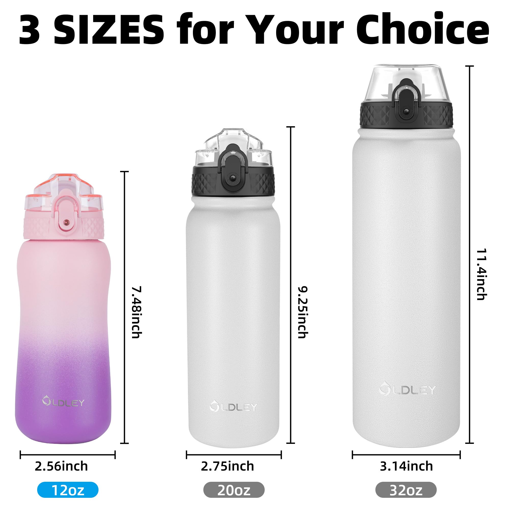 Oldley Insulated Water Bottle 12oz Kids Water Bottles with Straw, Stainless Steel Water Bottle with 2 Lids,Double Wall Vacuum Bottle, Leak-Proof Sport Bottles for School Travel, Ombre Pink-Purple