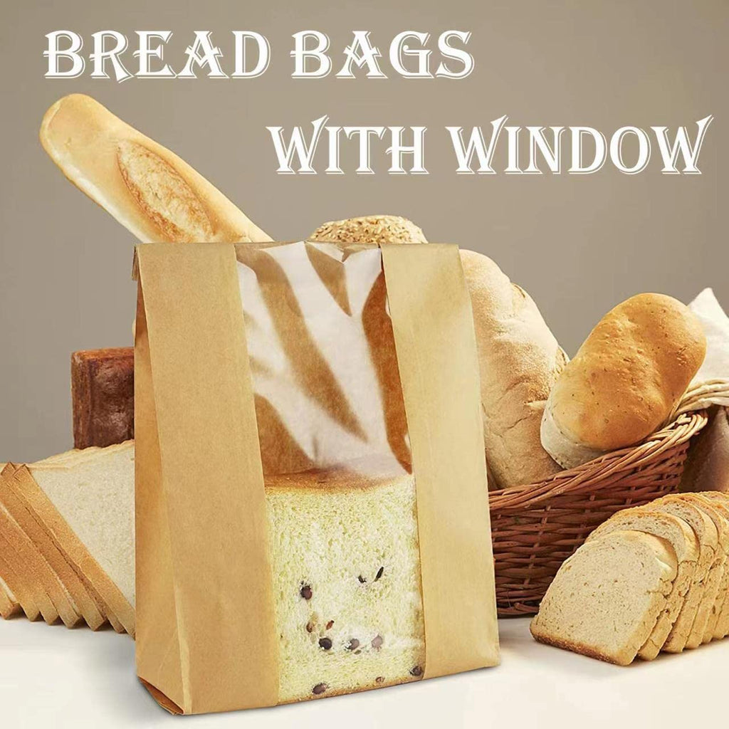50 Pack Paper Bread Bags with Window Kraft Paper Bakery Bags Loaf Bread Bags for Homemade Bread Paper Bread Bags for Sourdough with Label Seal Stickers (11.8x8.2x3.5 inch)