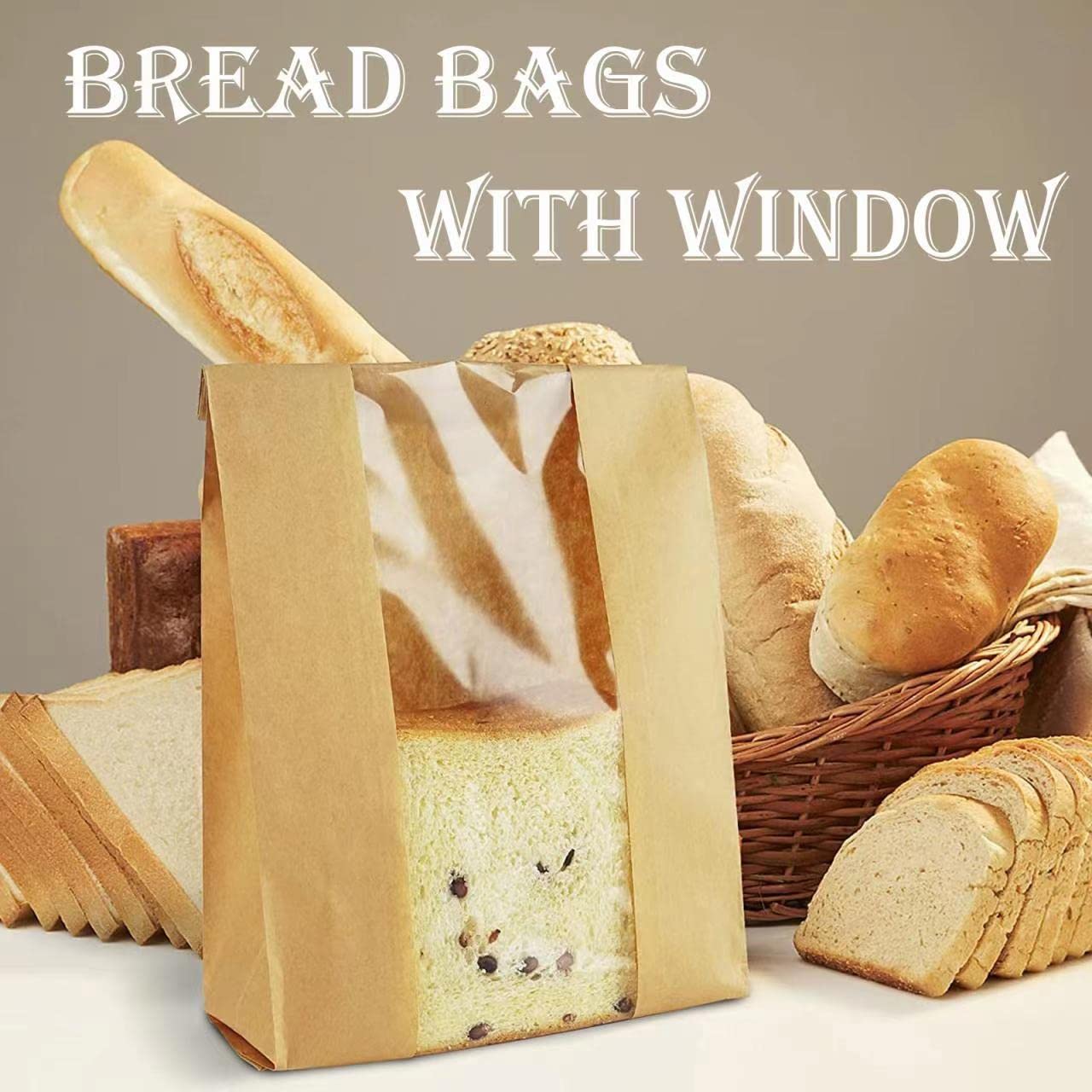 50 Pack Paper Bread Bags with Window Kraft Paper Bakery Bags Loaf Bread Bags for Homemade Bread Paper Bread Bags for Sourdough with Label Seal Stickers (11.8x8.2x3.5 inch)