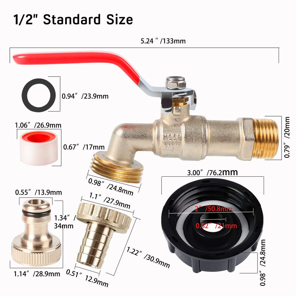 1/2" Leakproof Brass IBC Tote Fittings - Winterizing IBC Tote Adapter IBC 2" Coarse Thread Tote Valve for 275-330 Gallon Water Tank Garden Hose Connector Replace Valve Fitting