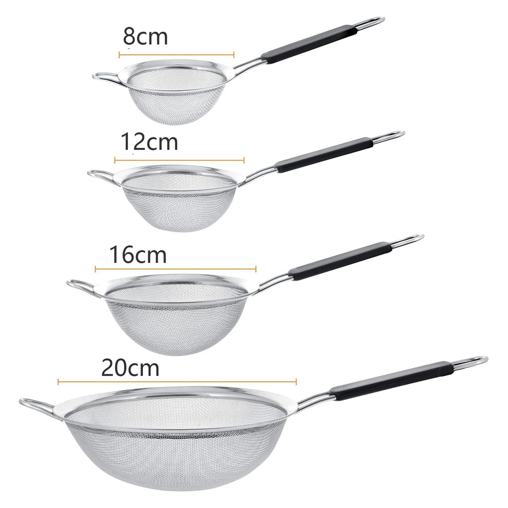 VICSDEP Fine Mesh Strainer Set of 4,Stainless Steel 8, 12, 16,20cm Strainers Wire Sieve Sifter with Insulated Handle Strainers for Kitchen Gadgets Tools