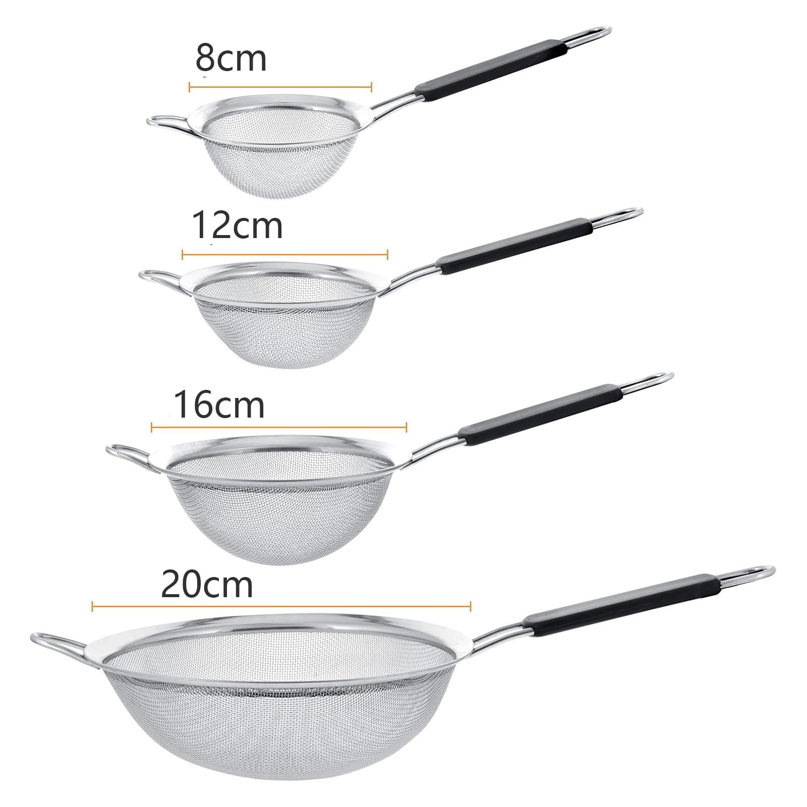 VICSDEP Fine Mesh Strainer Set of 4,Stainless Steel 8, 12, 16,20cm Strainers Wire Sieve Sifter with Insulated Handle Strainers for Kitchen Gadgets Tools