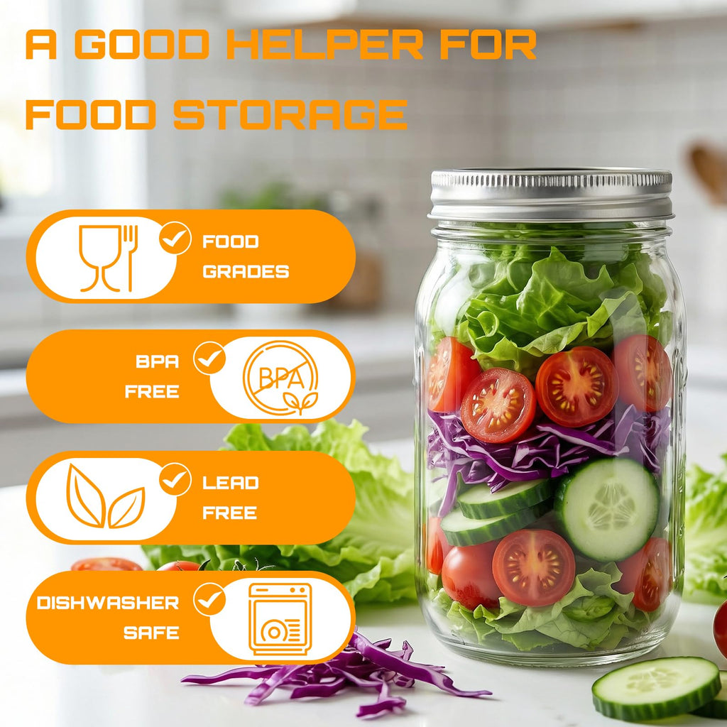 Wide Mouth Mason Jars 32 oz with Lids 6 Pack,Clear Glass Jars for food Storage, Canning, Pickling, Dry Goods,Snacks, Candies