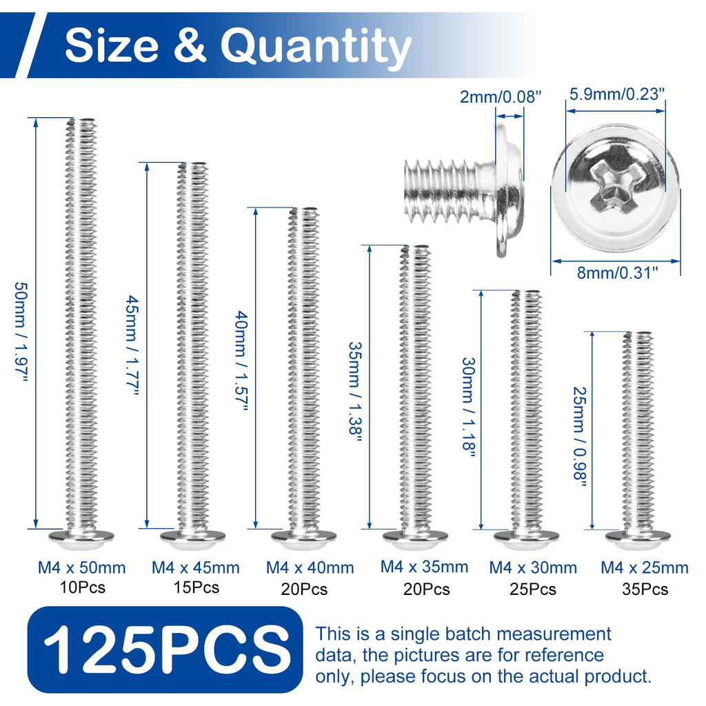 125Pcs Cabinet Pulls Knobs Screws, M4 Machine Screws Assortment Kit, M4x25/30/35/40/45/50mm, Metal Phillips Machine Screws with Pan Washer Head for Drawer, Cupboard, Closet Handle Installation
