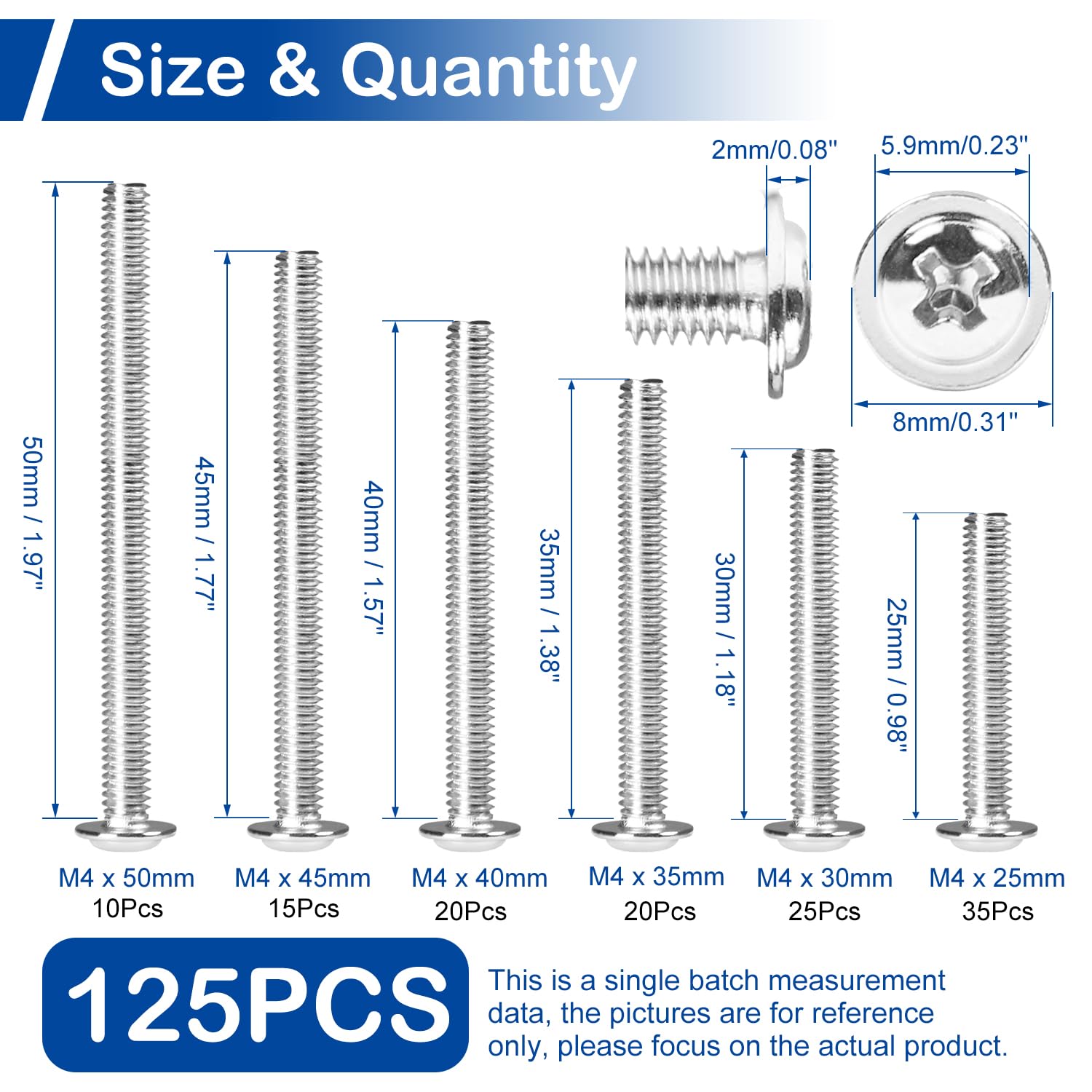 125Pcs Cabinet Pulls Knobs Screws, M4 Machine Screws Assortment Kit, M4x25/30/35/40/45/50mm, Metal Phillips Machine Screws with Pan Washer Head for Drawer, Cupboard, Closet Handle Installation