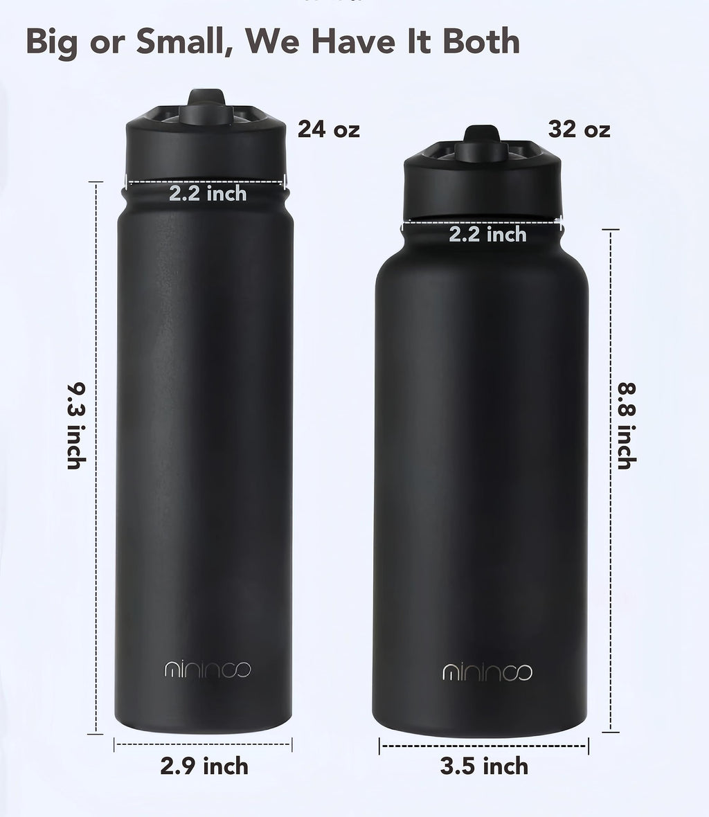 mininoo Insulated Stainless Steel Water Bottle with Straw and Lid for Sports, 24 oz, Black