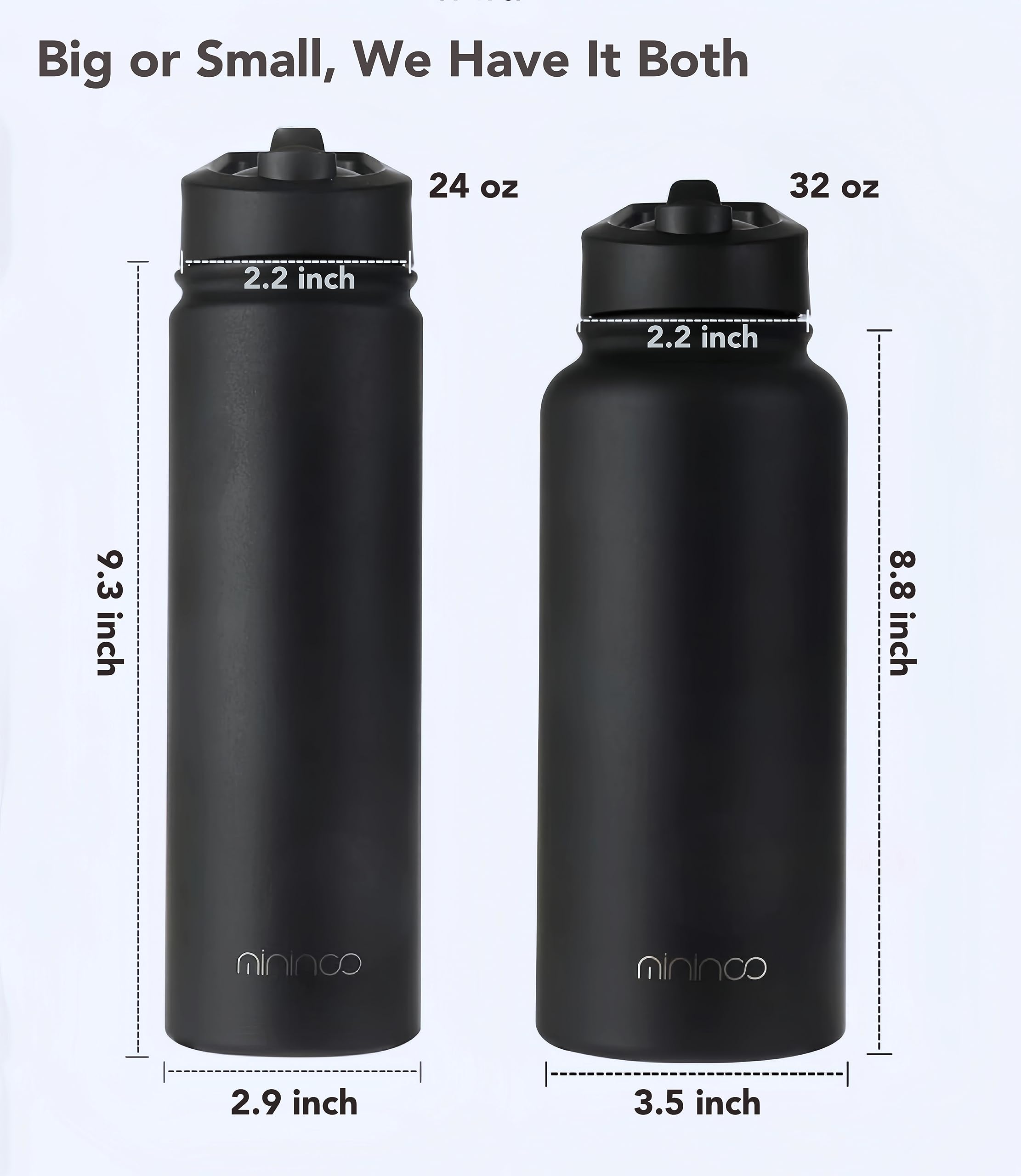 mininoo Insulated Stainless Steel Water Bottle with Straw and Lid for Sports, 24 oz, Black