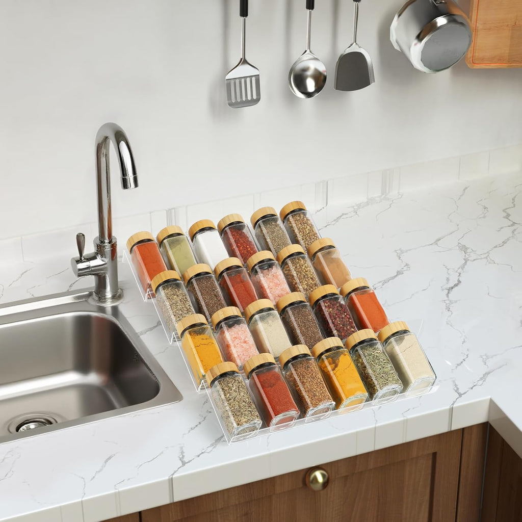 4 Tier Spice Drawer Organizer, Clear Acrylic Seasoning Organizer Rack, Spice Rack Tray for Cabinet/Countertop, Kitchen Seasoning Jars Drawers Insert (Jars Not Included/Expandable From 9" to 18")
