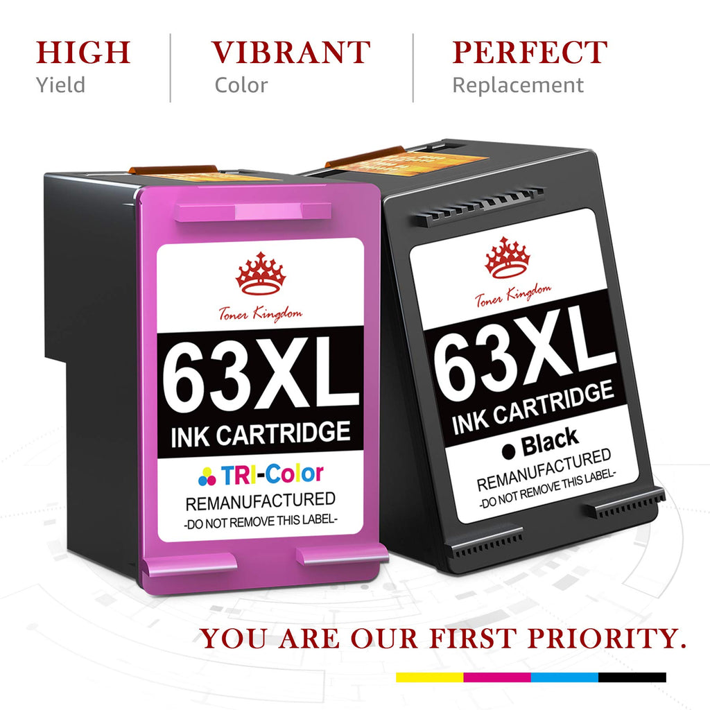 Toner Kingdom Remanufactured Ink Cartridge Replacement for HP 63 Ink 63XL for HP Envy 4520 Ink cartridges 4512 4516 Officejet 3830 4650 5255 5258 Deskjet 1112 Printer Ink(1 Black, 1 Tri-Color)