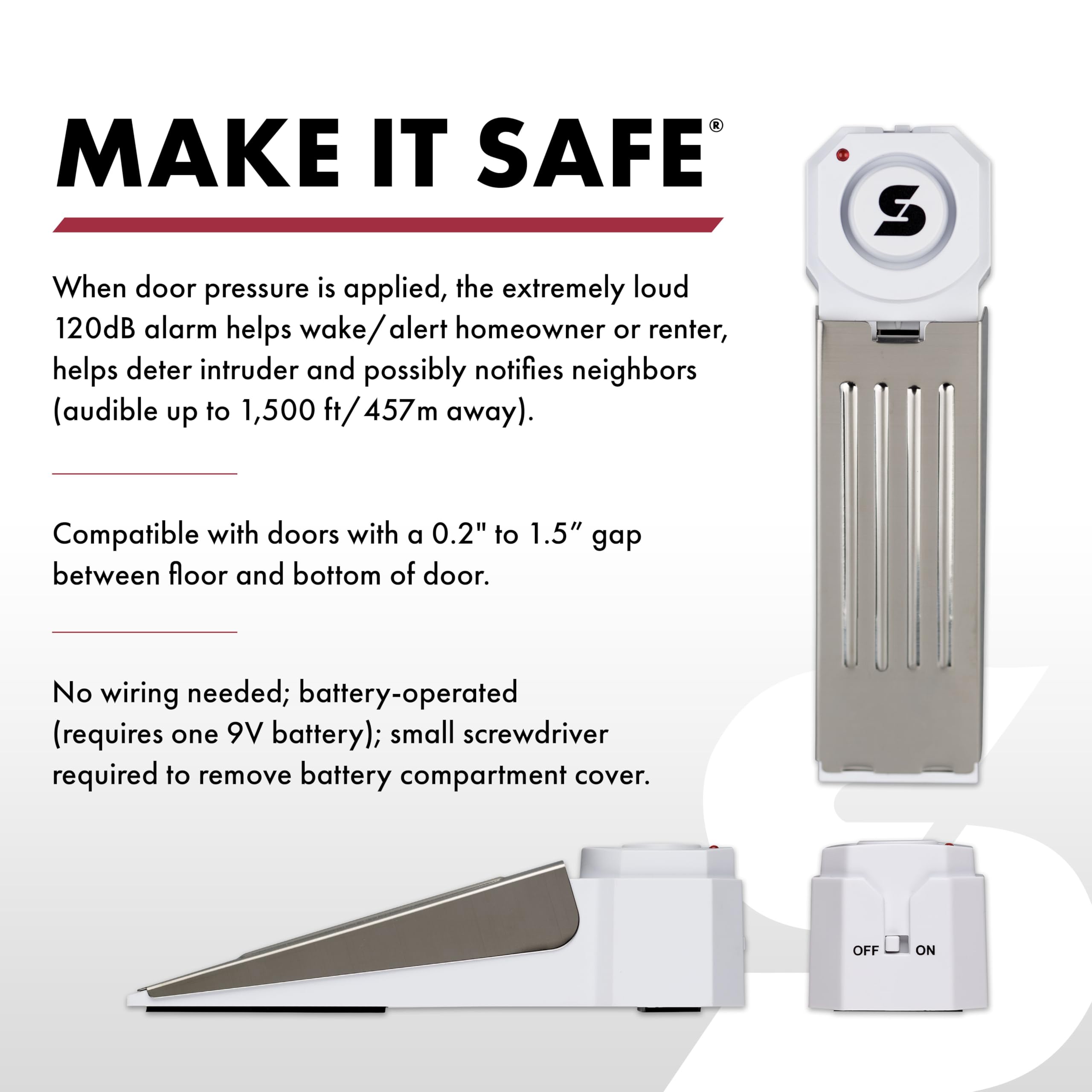 Sabre Wedge Door Stop Security Alarm with 120dB Siren, Great for Home, Travel, Apartment or Dorm