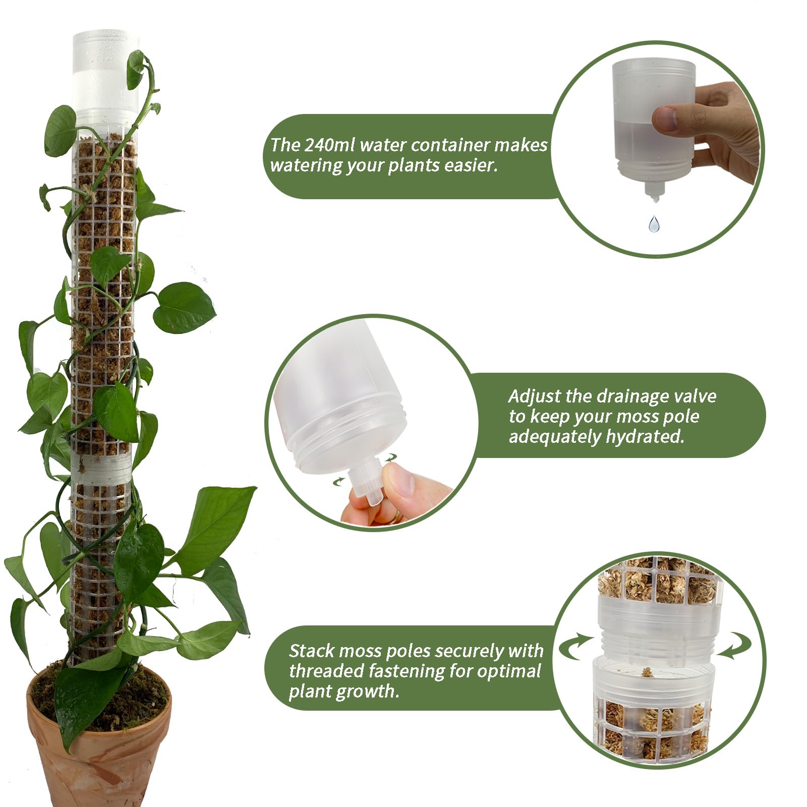 JEGU Self-Watering Moss Pole for Monstera Plant Support, 18.8 Inch Stackable Plastic Moss Pole for Climbing Plants (2PACK-Large)