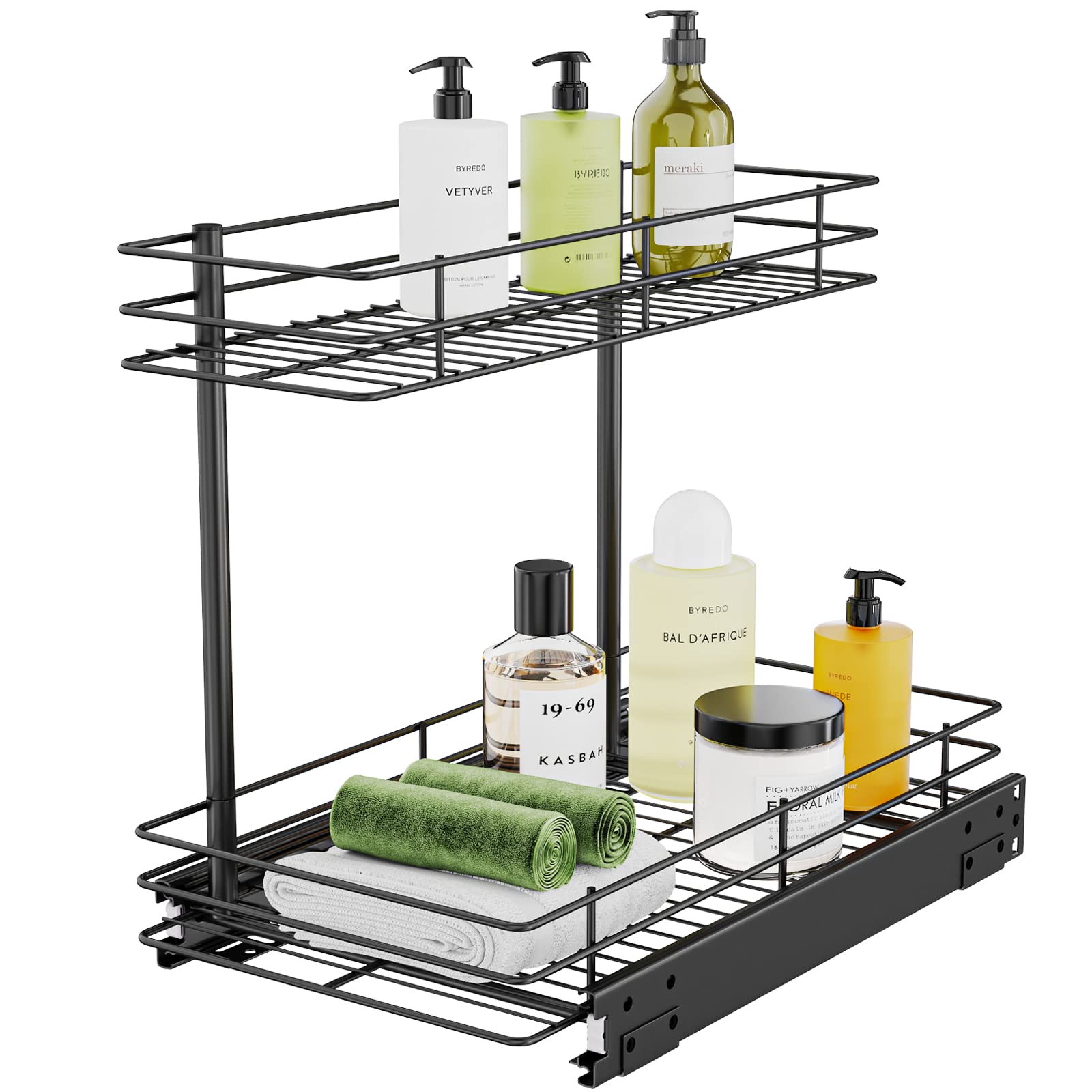 FANHAO Pull Out Cabinet Organizer, 2 Tier Wire Basket Under Sink Slide Out Storage Shelf with Sliding Drawer Storage - 10.43W x 17.32D x 14.56H, Request at Least 12 inch Cabinet Opening, Matte Black