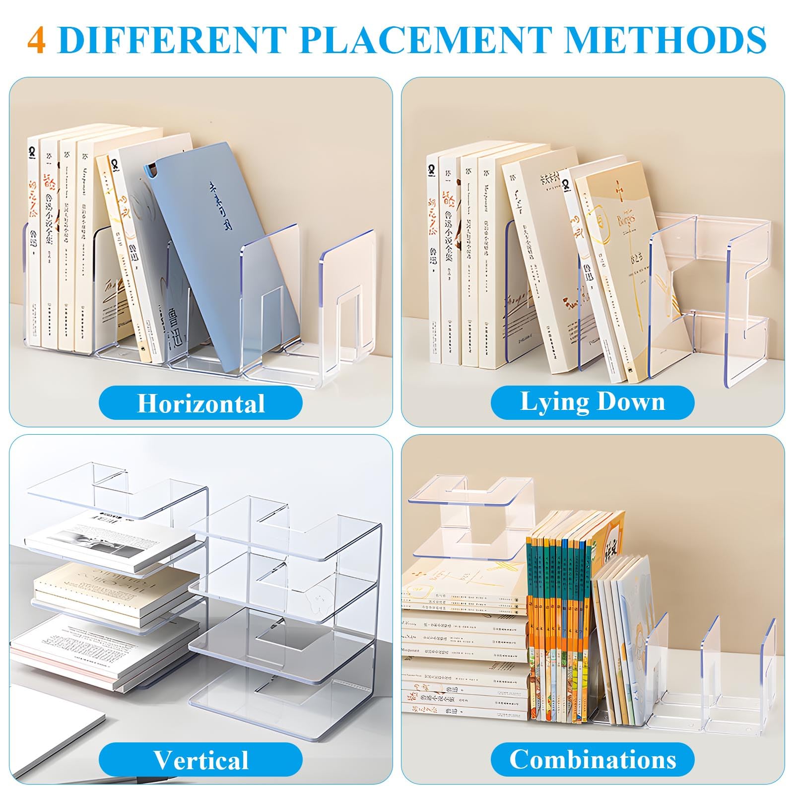 Supkiir 4 Pack 4-Section Acrylic File Sorter, Clear Desk File Organizer Book Organizer, Acrylic Office Organizers And Storage Stand Rack for Handbag Book Envelopes Document Notebook Electronics