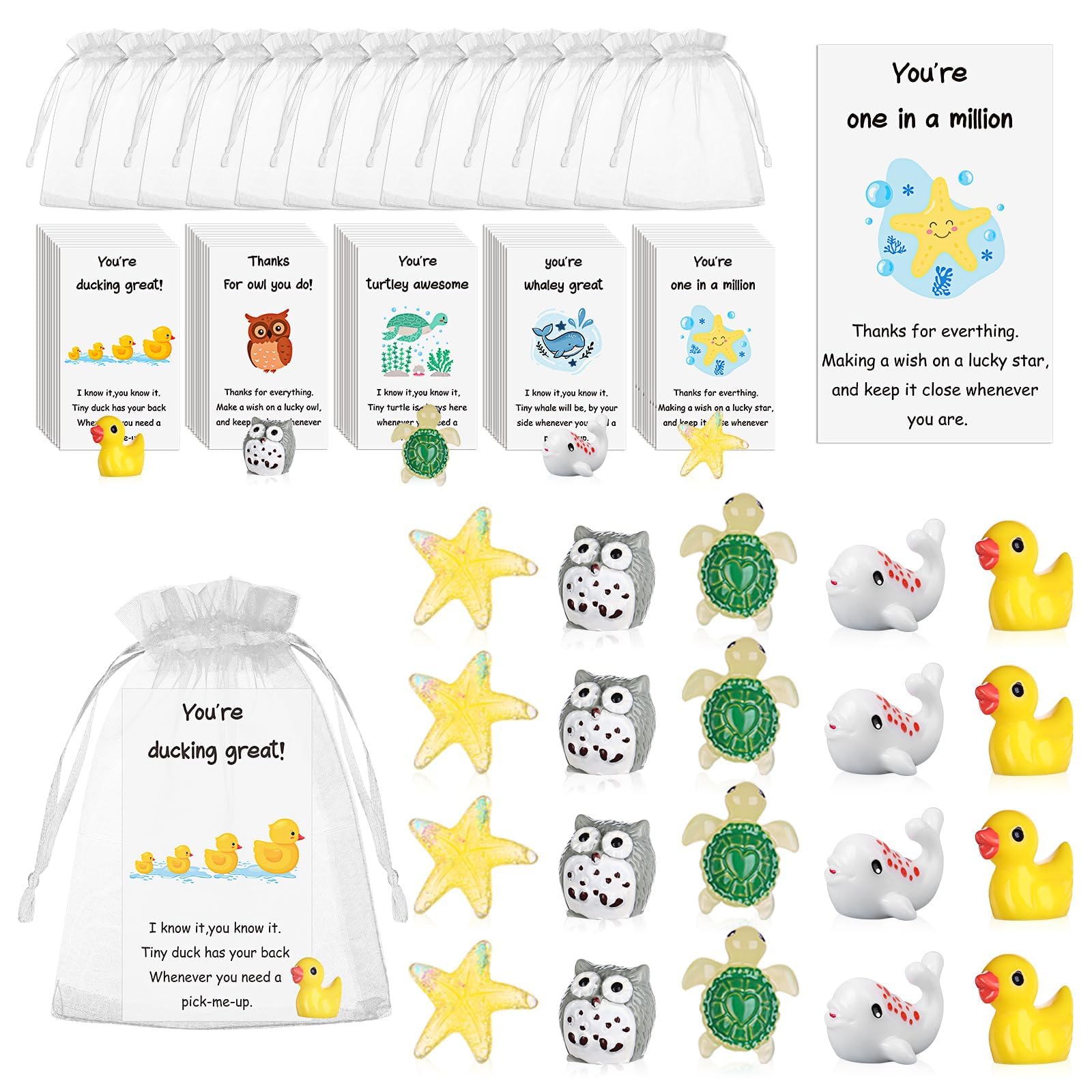 50 Set Mixed Animal Thank You Staff Gifts Employee Appreciation Gift Bulk for Coworkers Animal Pun Inspirational Note Cards Resin Ducks Stars Whales Turtles Owls Inspirational Gifts for Teacher Office