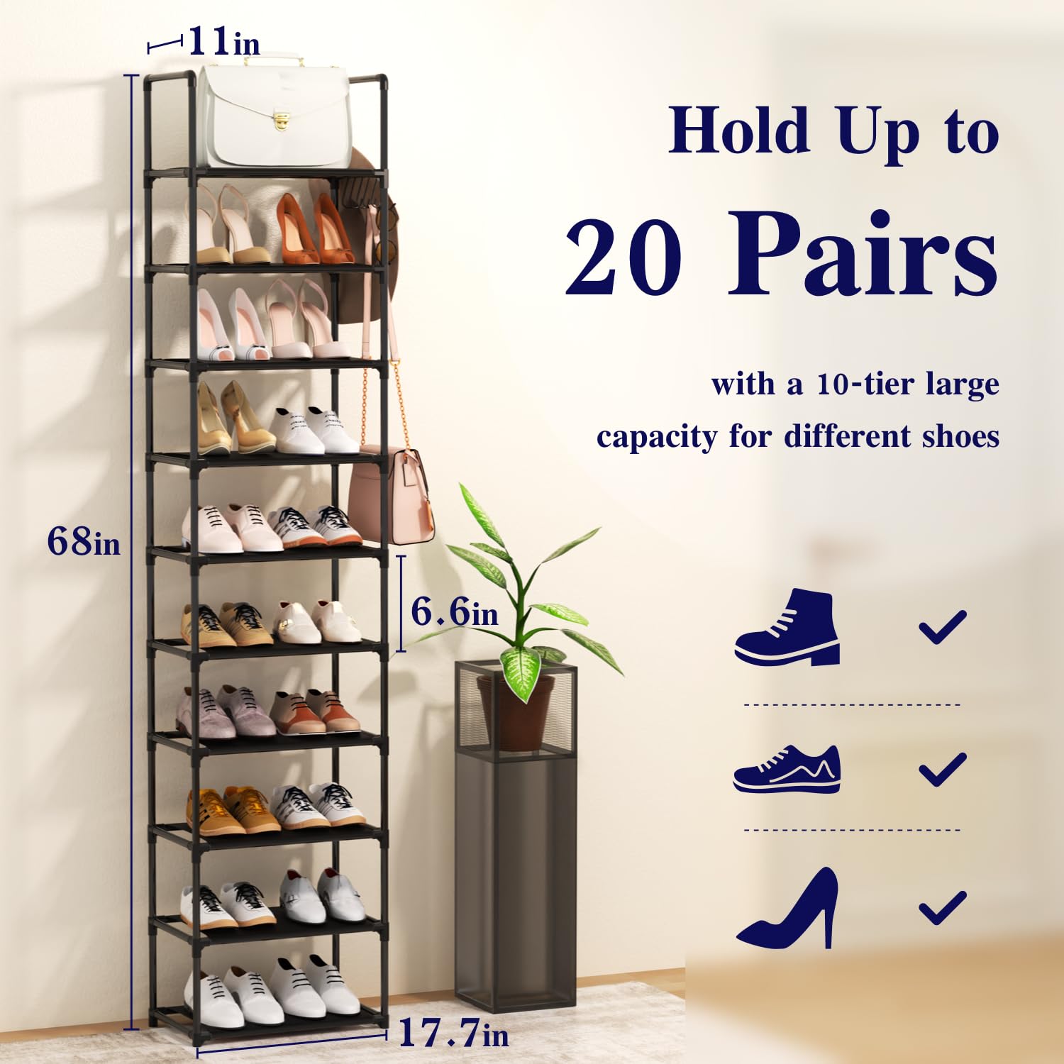 Shoe Rack, 10 Tier Tall Shoe Storage Organizer for Closet Entryway, 20-24 Pairs Narrow Metal Shoe Stand Shelf Holder Space Saving（Black）