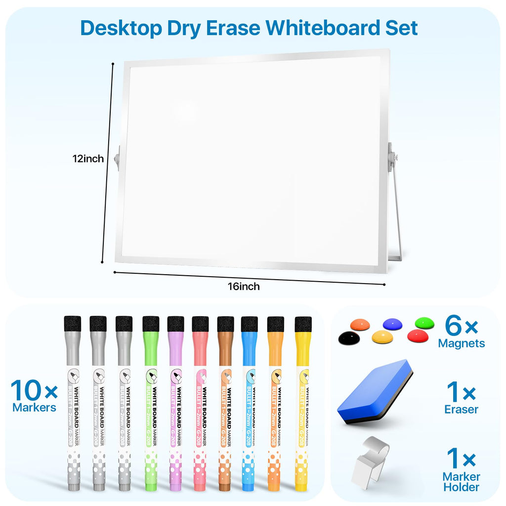 Dry Erase White Board with Stand, Double-Sided Weekly Whiteboard 16"x12", 10 Markers, 6 Magnets, 1 Eraser, Portable Desktop Whiteboard for Planning, Weekly Schedule Board for Home