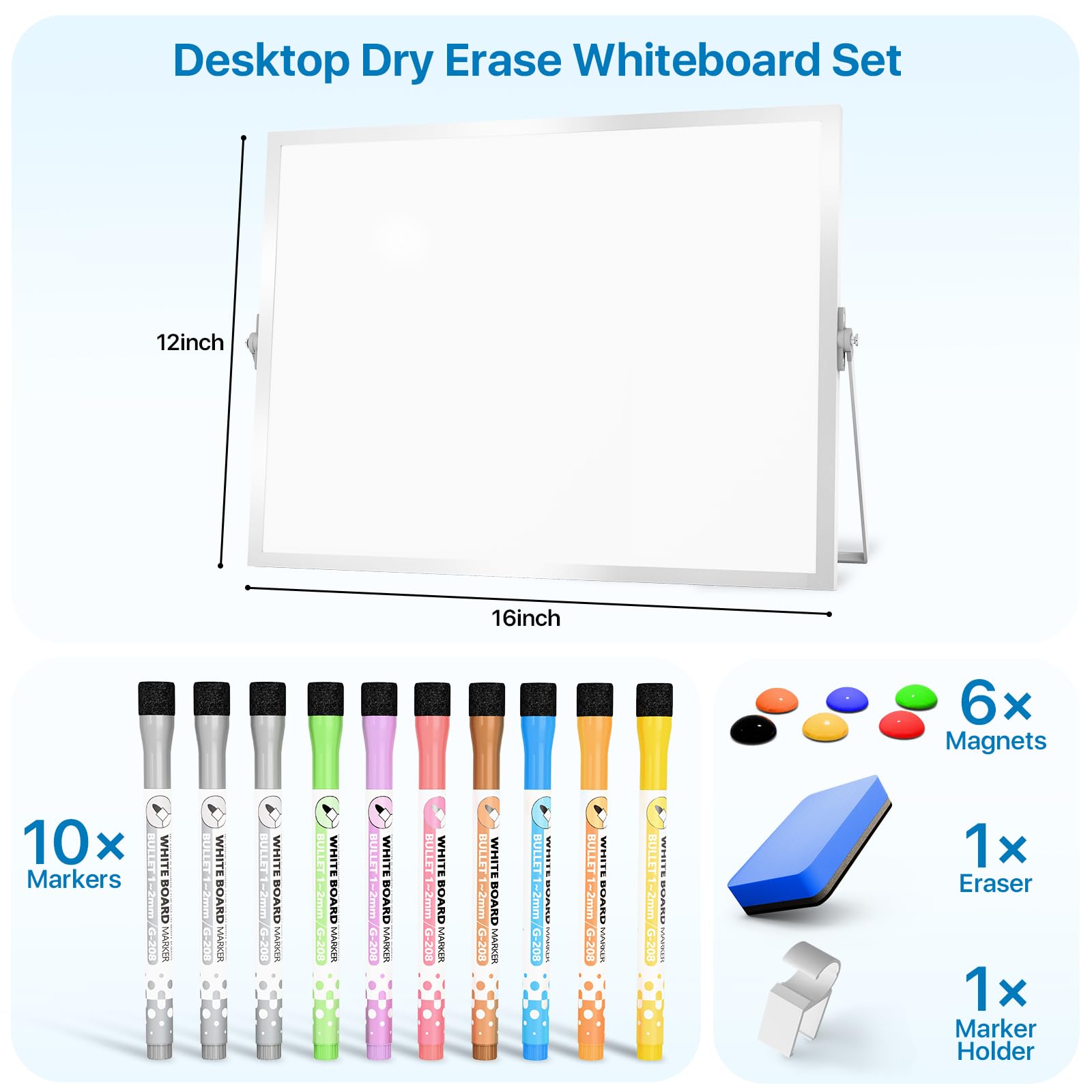 Dry Erase White Board with Stand, Double-Sided Weekly Whiteboard 16"x12", 10 Markers, 6 Magnets, 1 Eraser, Portable Desktop Whiteboard for Planning, Weekly Schedule Board for Home