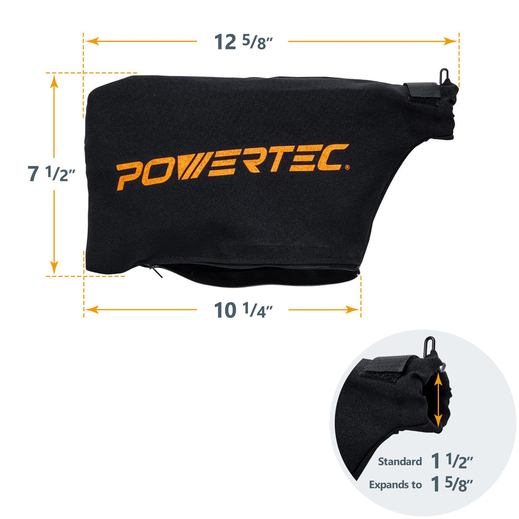 POWERTEC Miter Saw Dust Collector Bag for 7-1/4", 8-1/2" Miter Saw, Fits Nominal 1-1/2" Dust Ports, Hook and Loop Dust Bag w/Zipper, Wired Adjustable Stand Miter Saw Accessories (75081)