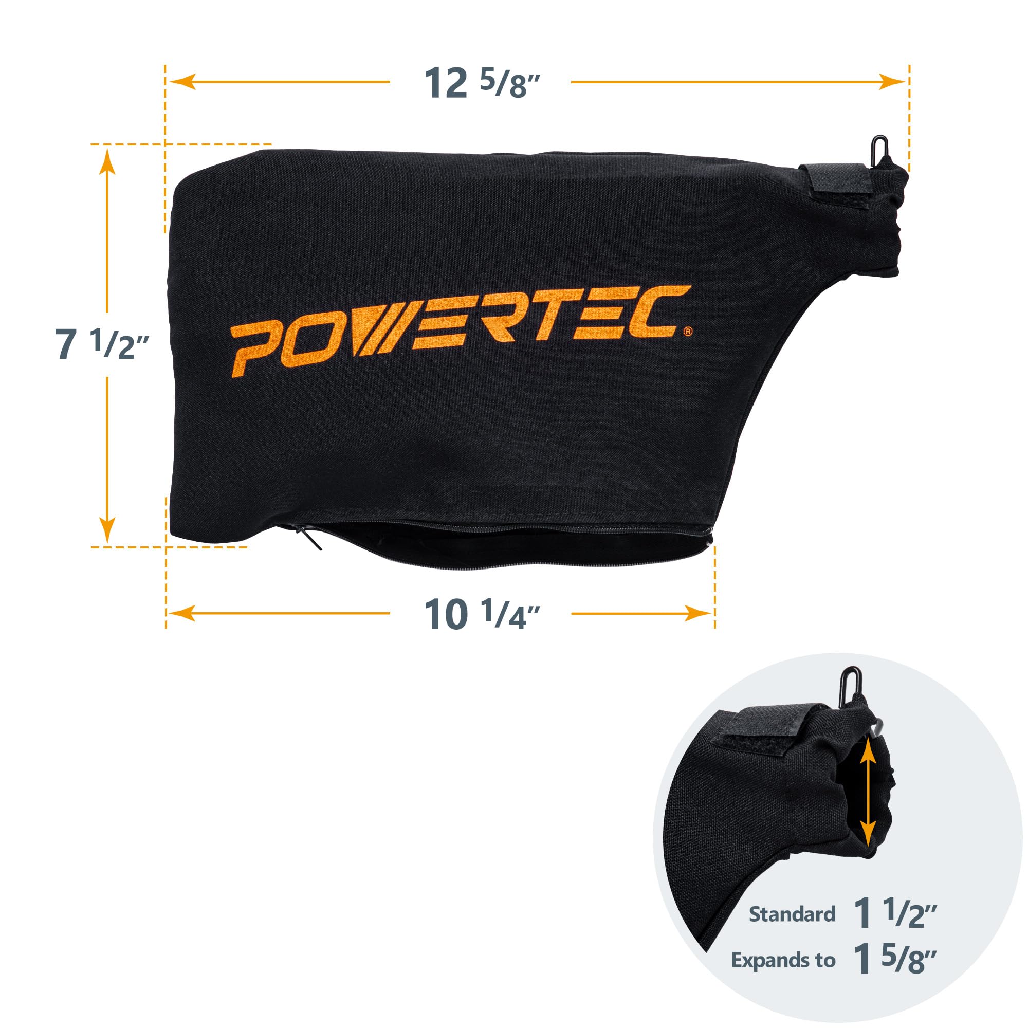 POWERTEC Miter Saw Dust Collector Bag for 7-1/4", 8-1/2" Miter Saw, Fits Nominal 1-1/2" Dust Ports, Hook and Loop Dust Bag w/Zipper, Wired Adjustable Stand Miter Saw Accessories (75081)