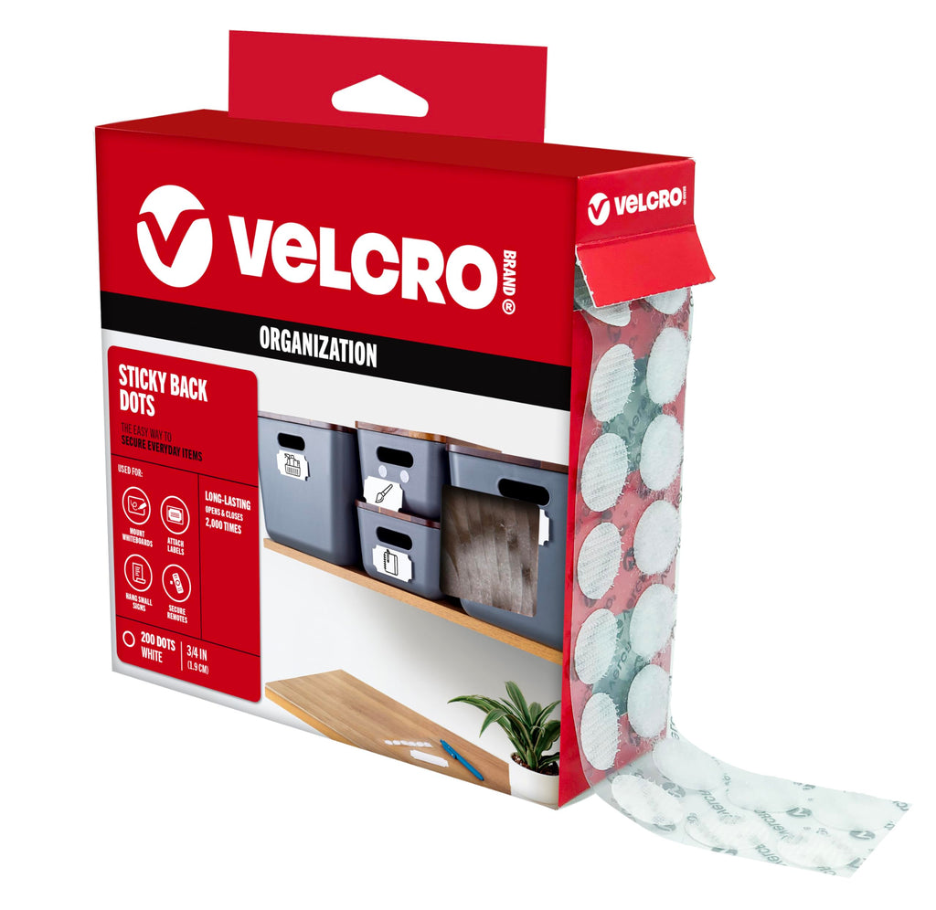 VELCRO Brand Dots with Adhesive White, 200 Pk, 3/4" Circles | Sticky Back Round Hook and Loop Closures for Organizing, Arts and Crafts, School Projects, 91824