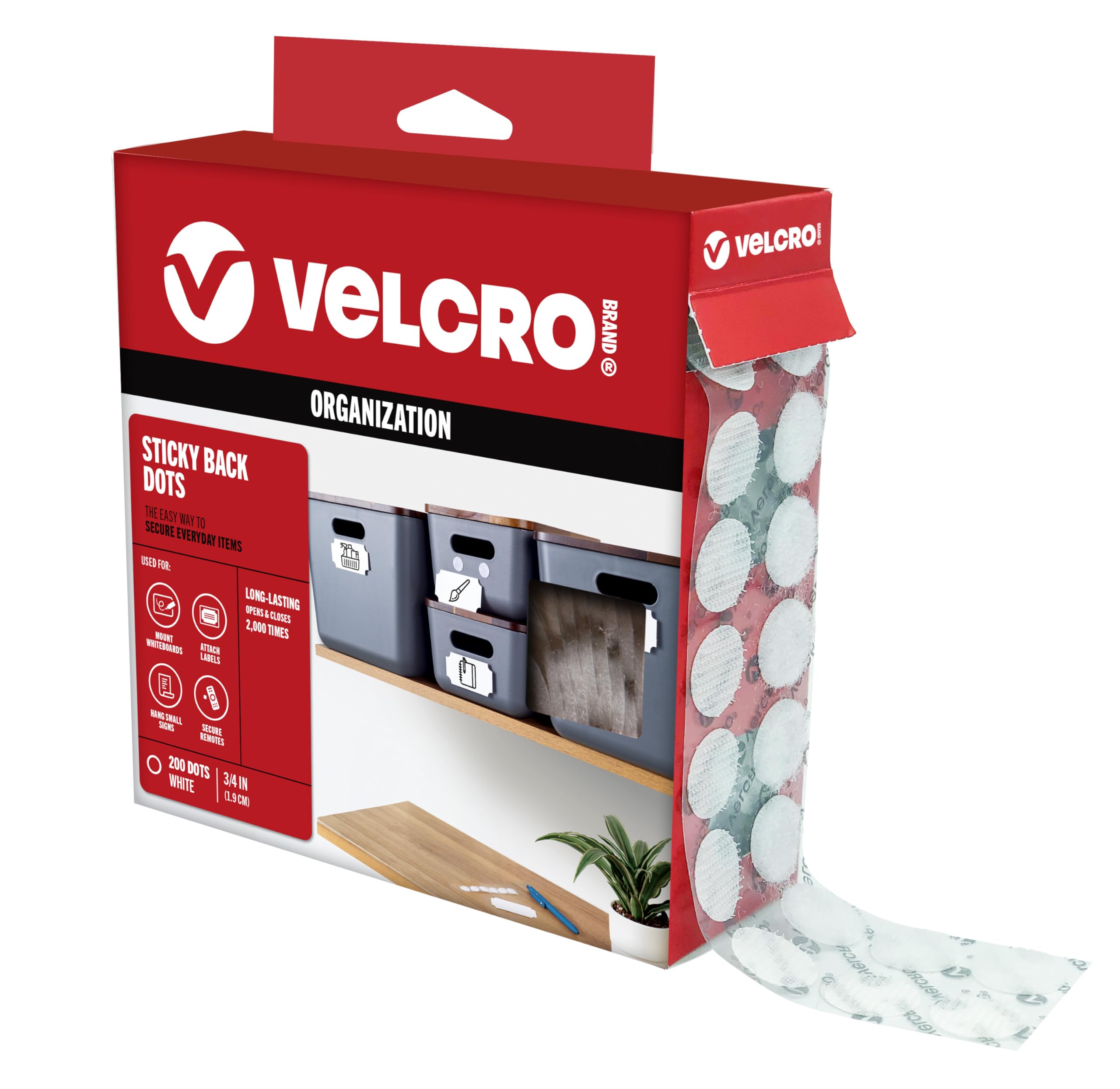 VELCRO Brand Dots with Adhesive White, 200 Pk, 3/4" Circles | Sticky Back Round Hook and Loop Closures for Organizing, Arts and Crafts, School Projects, 91824