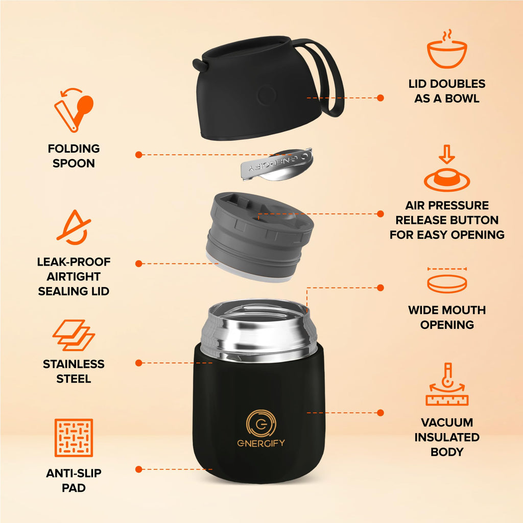 Vacuum Insulated Food Jar. Bowl incl. Folding Spoon, Cup. Wide Mouth Keep Hot & Cold Drinks Soup Lunch Container for Adults. BPA-Free Stainless Steel, Leak Proof Black Matte, 17oz