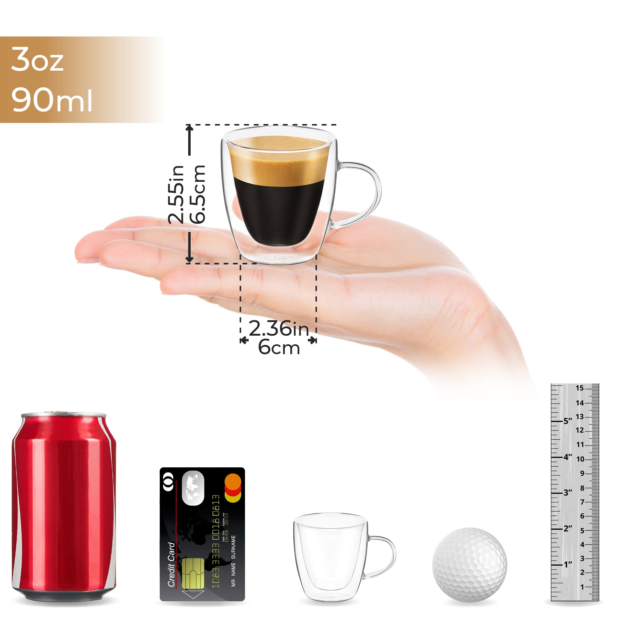 DLux Espresso Coffee Cups 80ml, Double Wall, Clear Glass Set of 4 3oz Glasses with Handles, Insulated Borosilicate Glassware Tea Cup