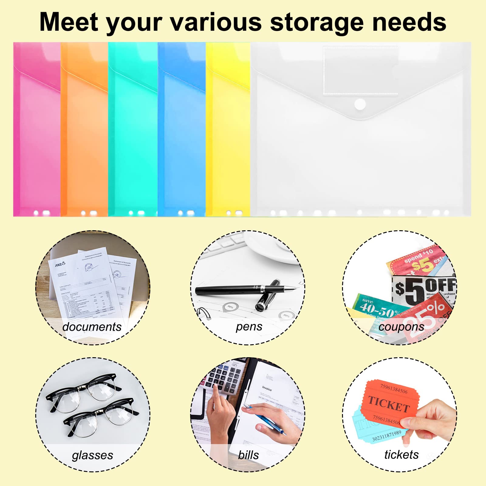 24PCS Binder Pocket Plastic File Folder A4 Waterproof Binder Folders with Pockets for Documents and Snap Button for School Home Work Office,6 Colors