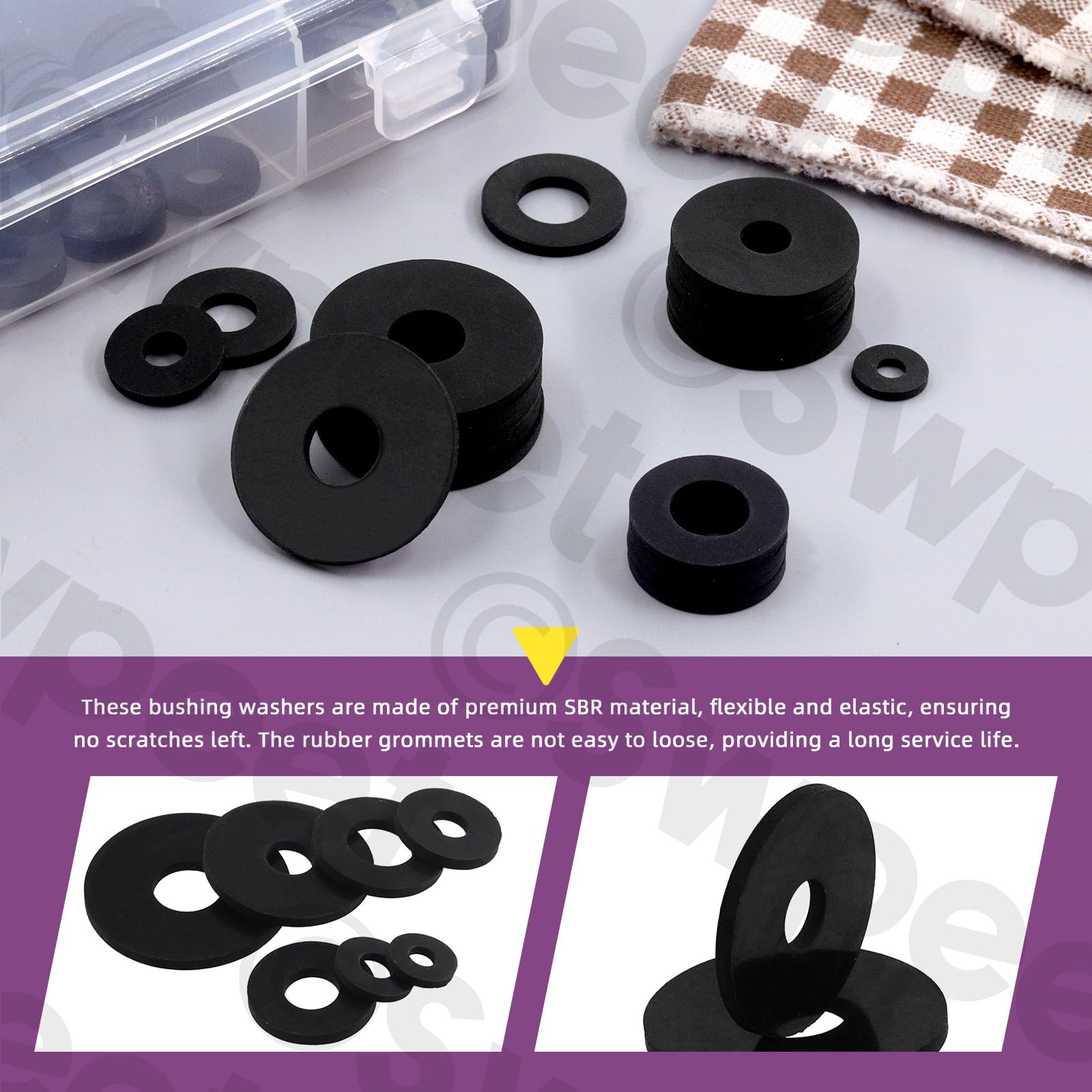 Swpeet 175Pcs 7 Sizes Flat Rubber Washers Assortment Kit, 10/12/16/18/20/25/30mm Heavy Duty Black Rubber Grommet Vibration Damping Pads, Rubber Bushing Gasket Kit for Appliances Faucets Screws Bolts