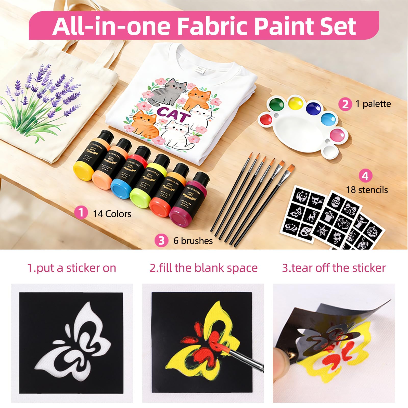Colorful Permanent Fabric Paint, 14 Colors Soft Fabric Paint in Bottles (30ml/1oz) with Brushes, Palette, Non-Toxic Textile Paint for Clothes, T-Shirts, Shoes Art