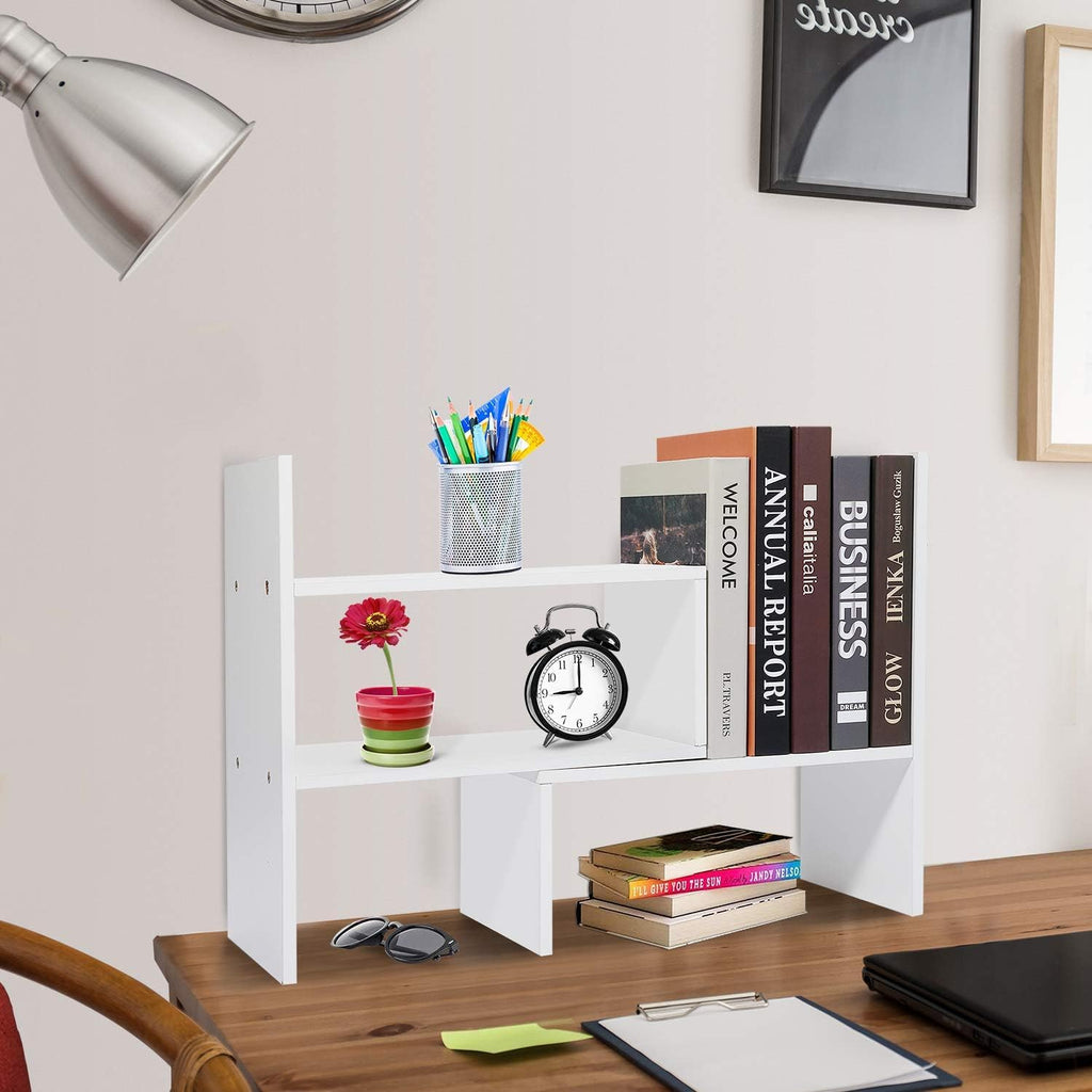 Expandable Wood Desktop Bookshelf Desktop Organizer Office Storage Rack Wood Display Shelf - Free Style Display True Natural Stand Shelf Rack Assembled Bookcase Adjustable Display Rack, White