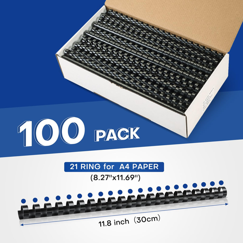 MYFULLY 100 Pack 21 Ring Plastic Comb Binding Spines | 5/8 Inch Diameter, 115 Sheet Capacity, A4, Black Binding Comb (5/8"(115 Sheet Capacity))