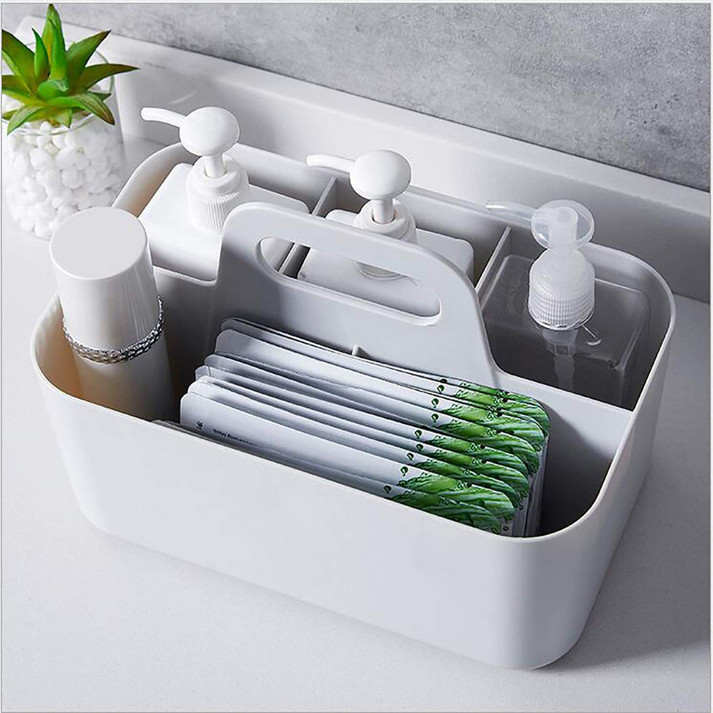 Jucoan 2 Pack Desk Organizer Caddy, Stackable Plastic Makeup Storage Baskets with Adjustable Dividers, 5 Compartments Portable Tote Bin for Bathroom Counter, Desk, Office Supplies Organization (Beige)