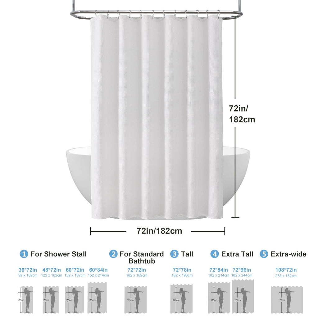 Waffle Weave Shower Curtain with Stainless Steel Hooks - 256 GSM Heavy Duty Fabric Bath Curtains, Hotel Luxury Quality, Water Resistant, Machine Washable, Weighted Hem, 72 x 72 Inches (White)